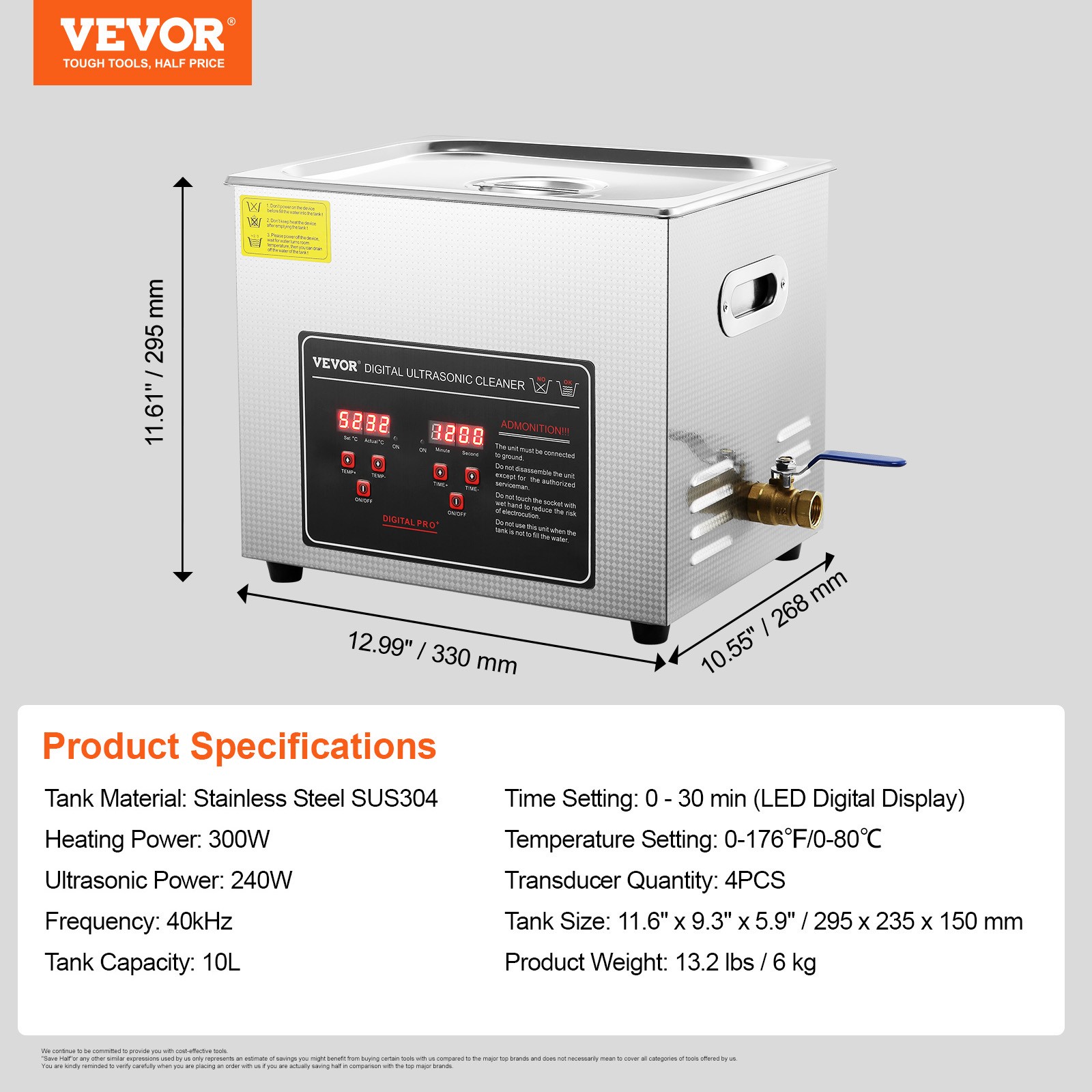 VEVOR 10L Ultrasonic Cleaner with Timer Heating Machine Digital Sonic Cleaner