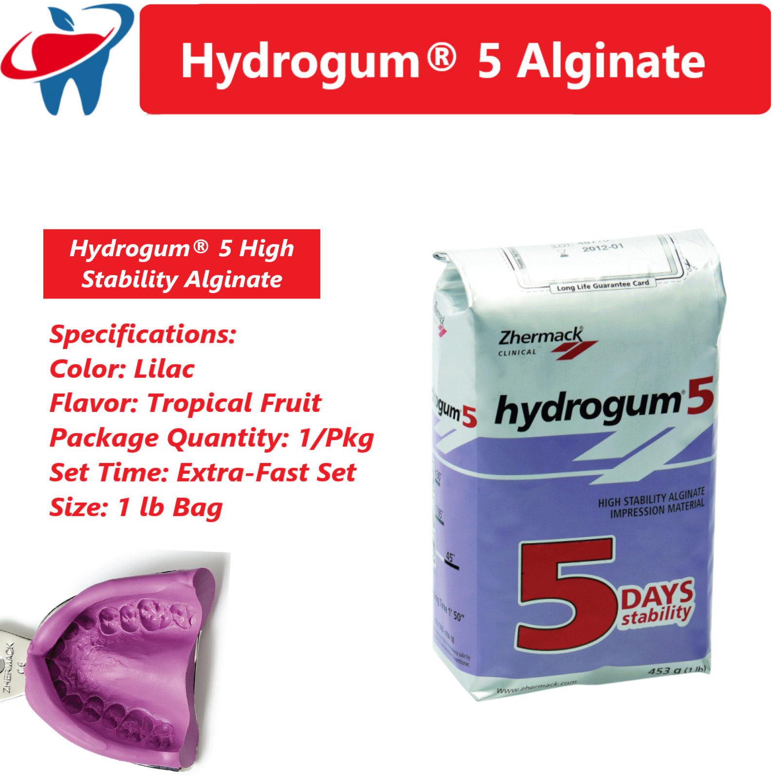 5 Bags x Zhermack Hydrogum 5 Dental VPS Impression Alginate 1 Lbs Extra Fast Set