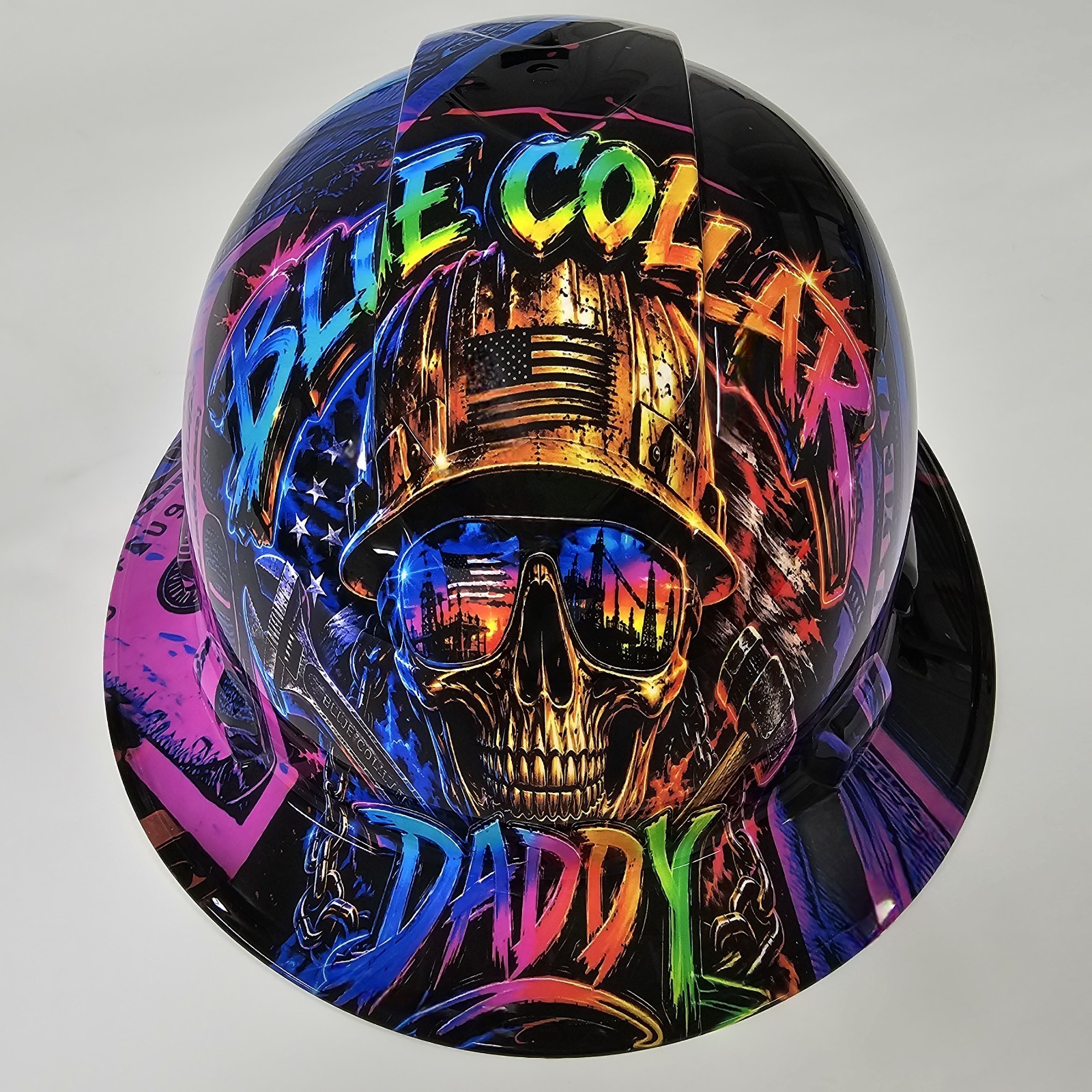 full brim hard hat custom hydro dipped IN BLUE COLLAR DADDY BAD ASS EDITION NEW