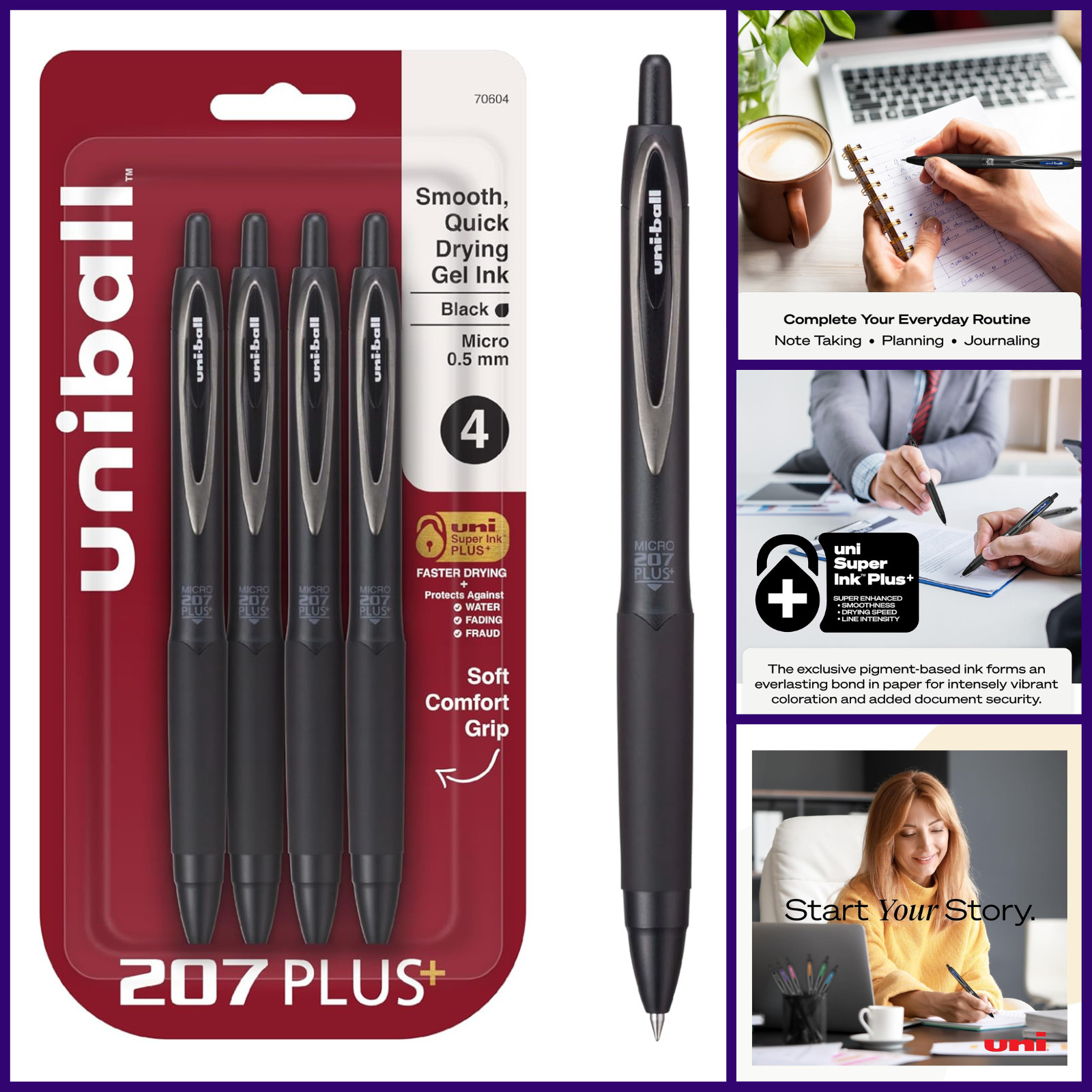 Uni Ball 207 Plus Black Retractable Gel Pens 4 Pack 0.5mm Micro Point Fraud