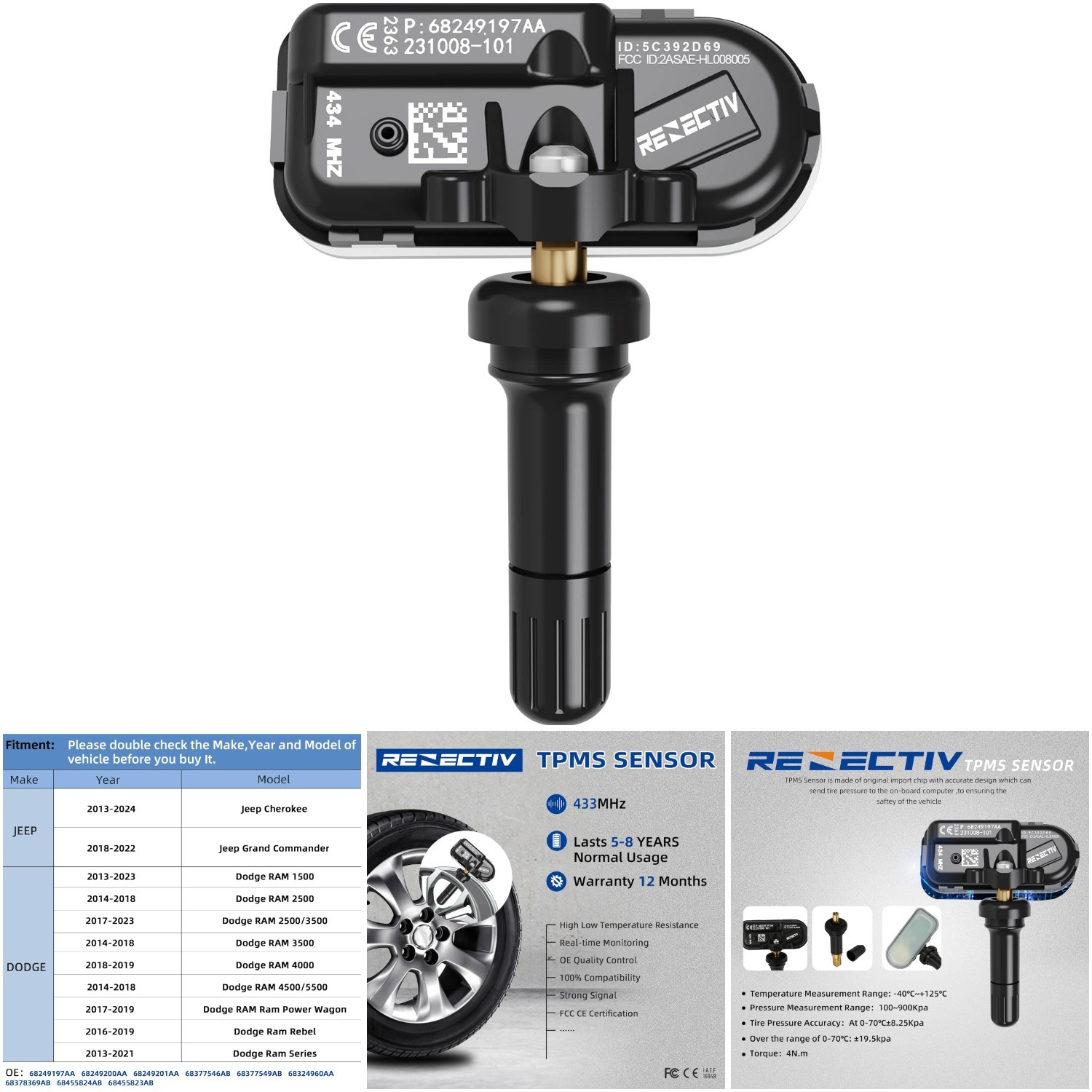 433Mhz Tire Pressure Monitor Sensors 2014-2022 RAM Jeep Cherokee Replacement