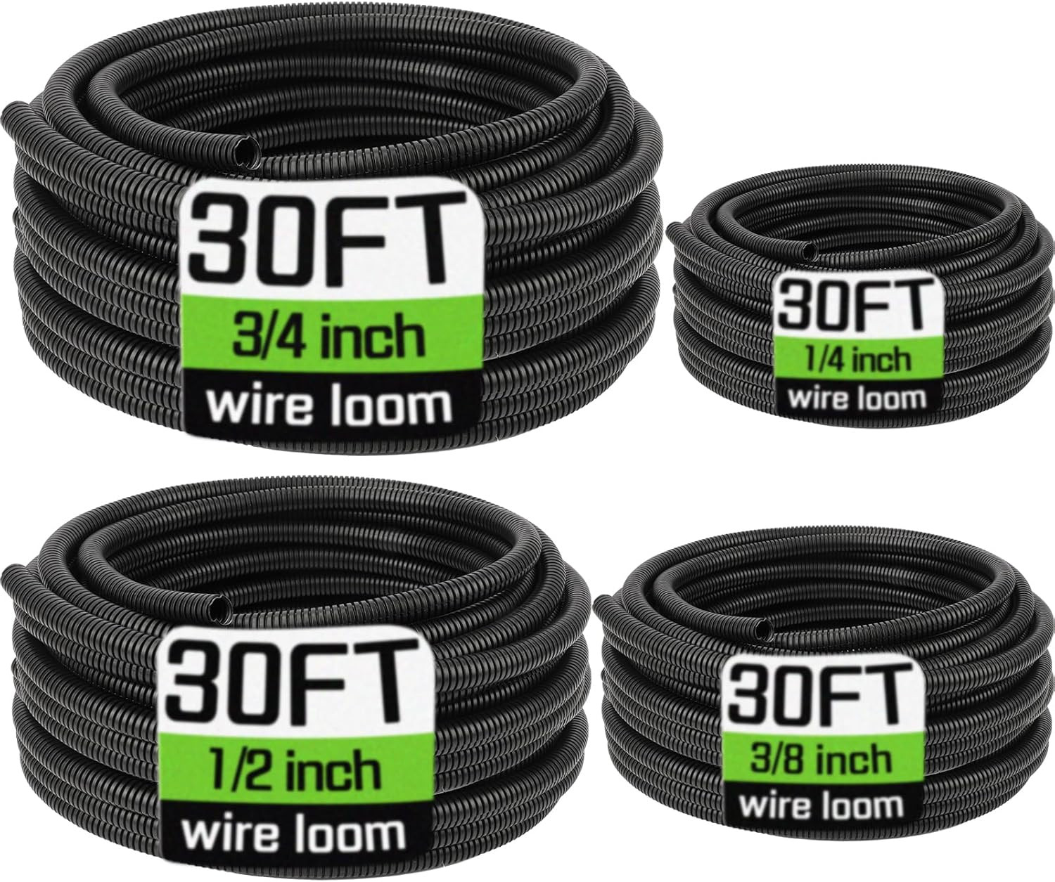 Split Wire Loom Tubing Kit 1/4 3/8 1/2 3/4 Inch x 30FT Flexible Cable Conduit Bl
