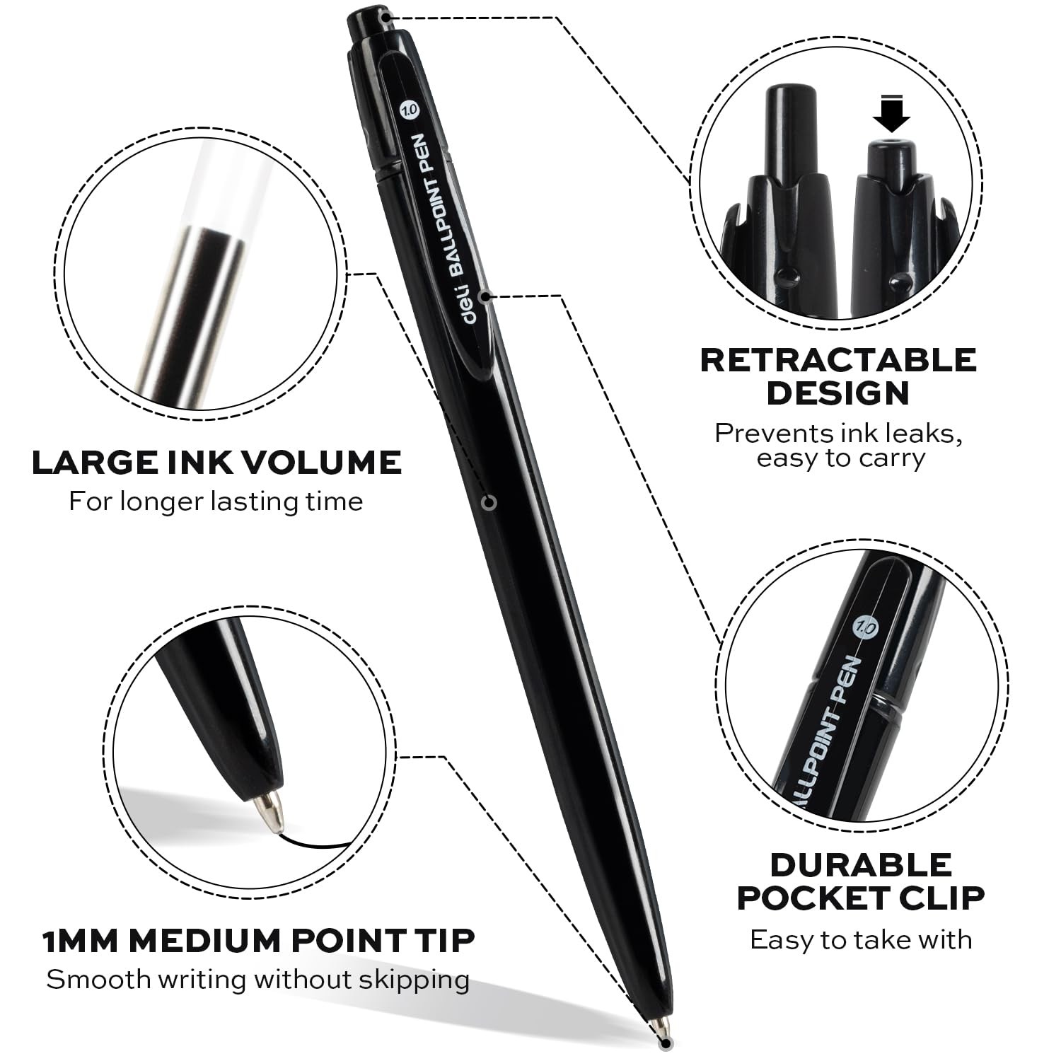 deli Pens Bulk, 50 Pcs Retractable Ballpoint 50 Count (Pack of 1), Black