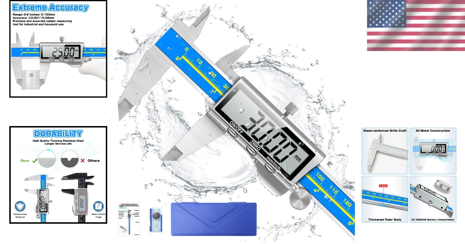 Large LCD Digital Caliper 6″ – Inch/Millimeter, Waterproof with Protective Case