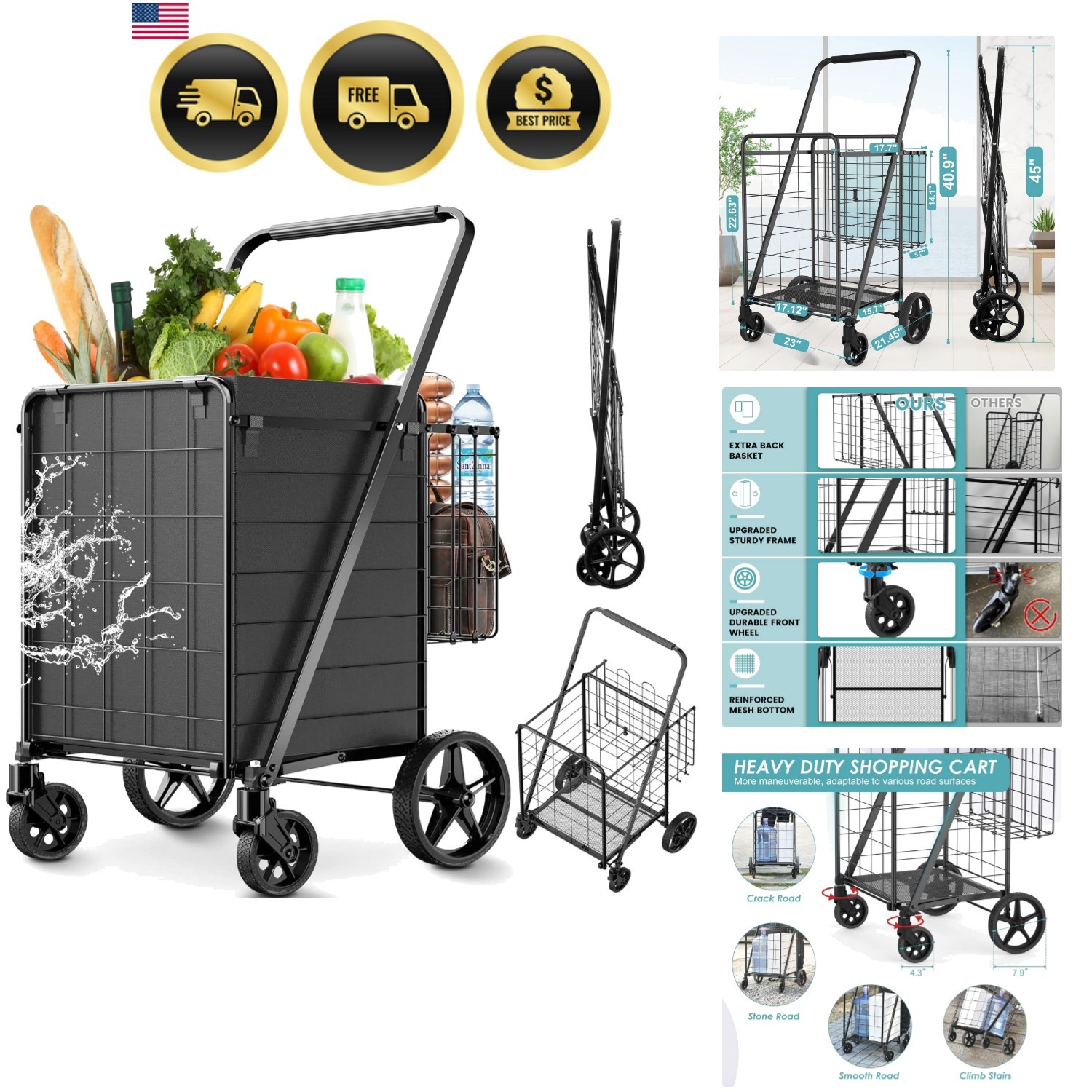 Upgraded Shopping Cart for Groceries,330LBS Jumbo Grocery Cart with Waterproo…