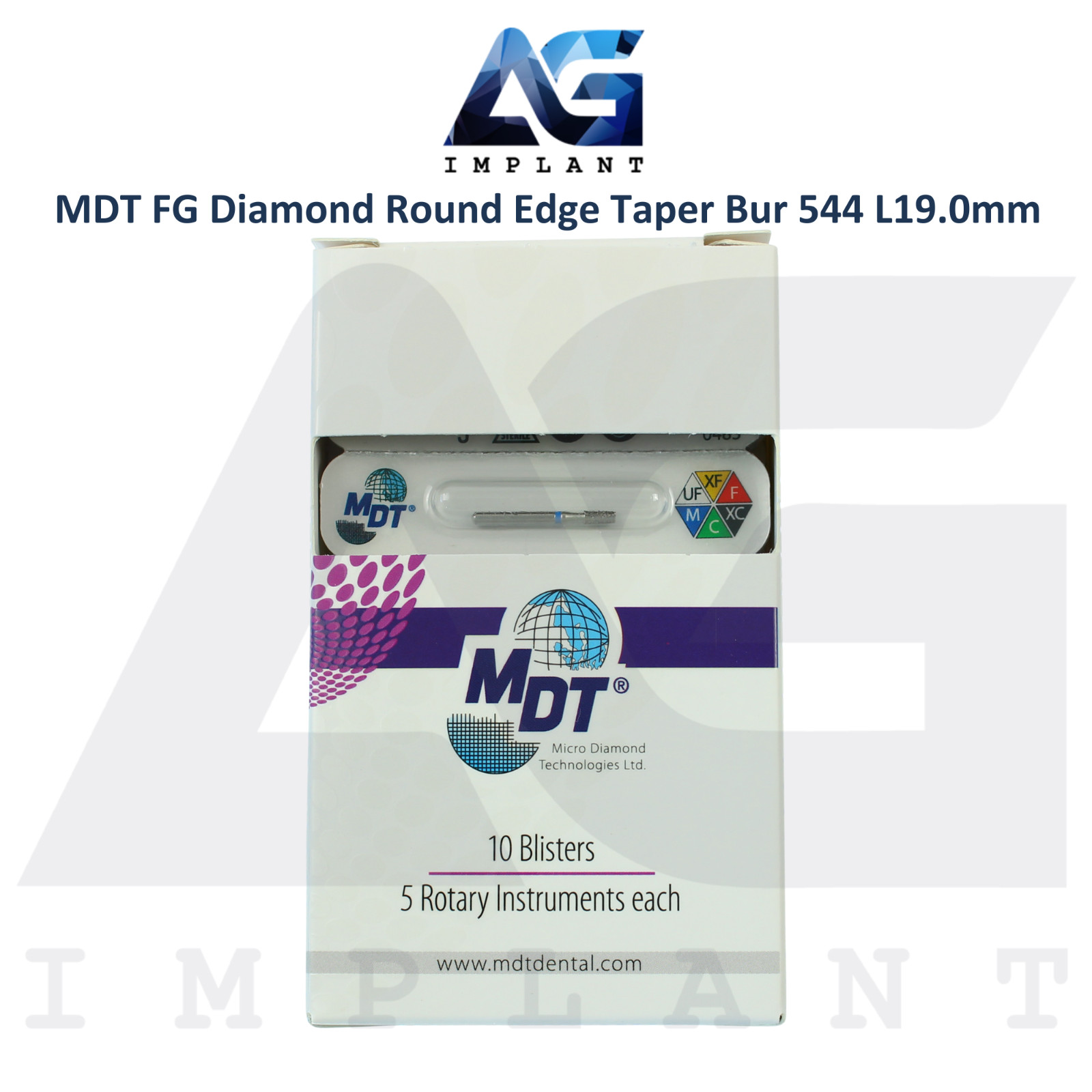 MDT Dental FG Diamond Coated Round Edge Taper Bur 544 L19.0mm Ø0.16mmX4.0mm