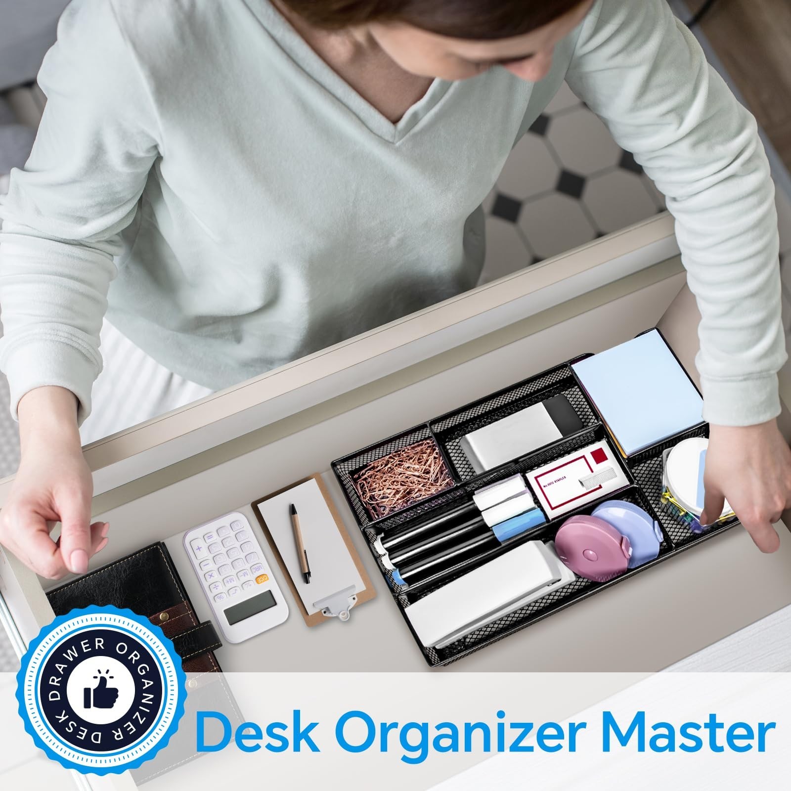 6-Compartment Desk Drawer Organizer Tray – Metal Mesh Office & Kitchen Storage S