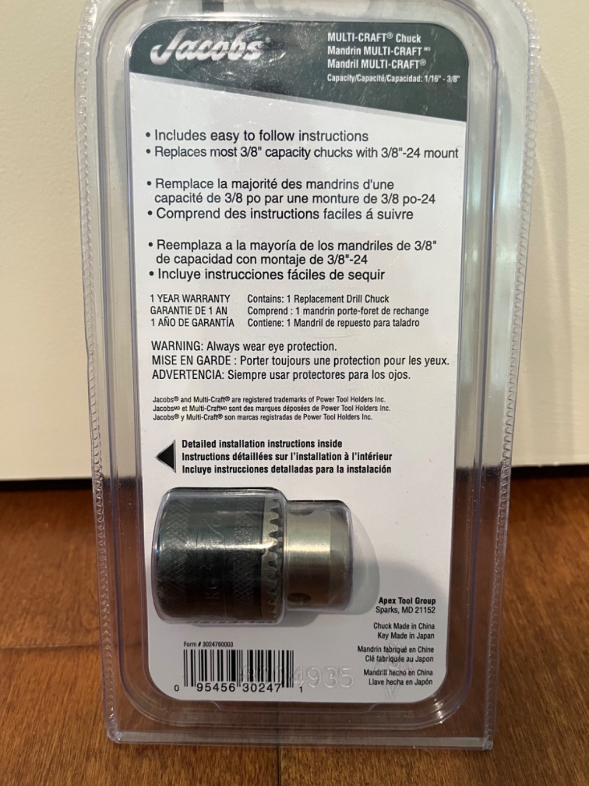Jacobs 30247 Keyed Taper 3-Flat Shank Drill Chuck 3/8 in. 3/8-24 Mount