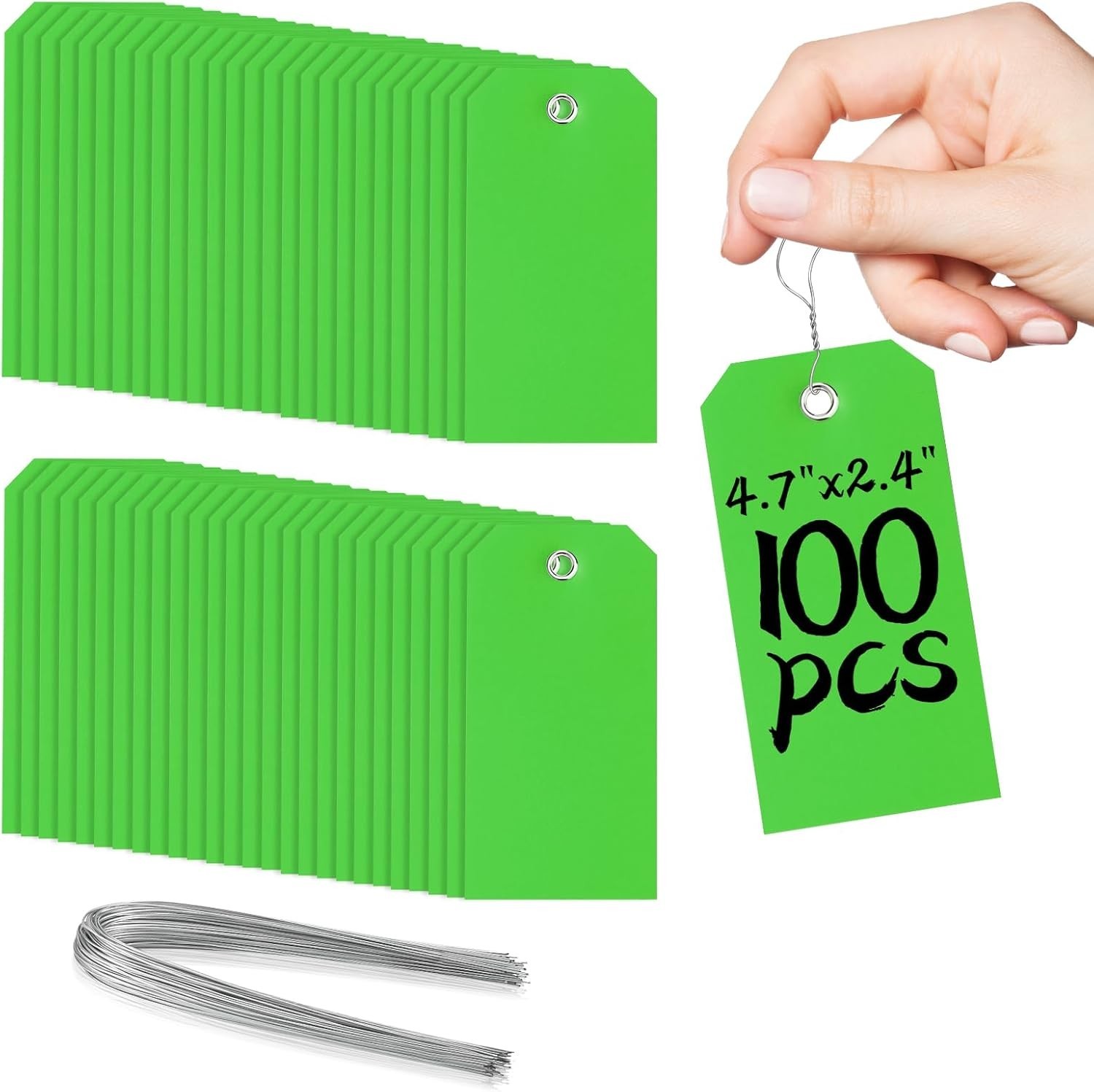 100 Green Tags with Wires – Waterproof, Writable, Neon – 4 3/4″ x 2 3/8″ Heavy D