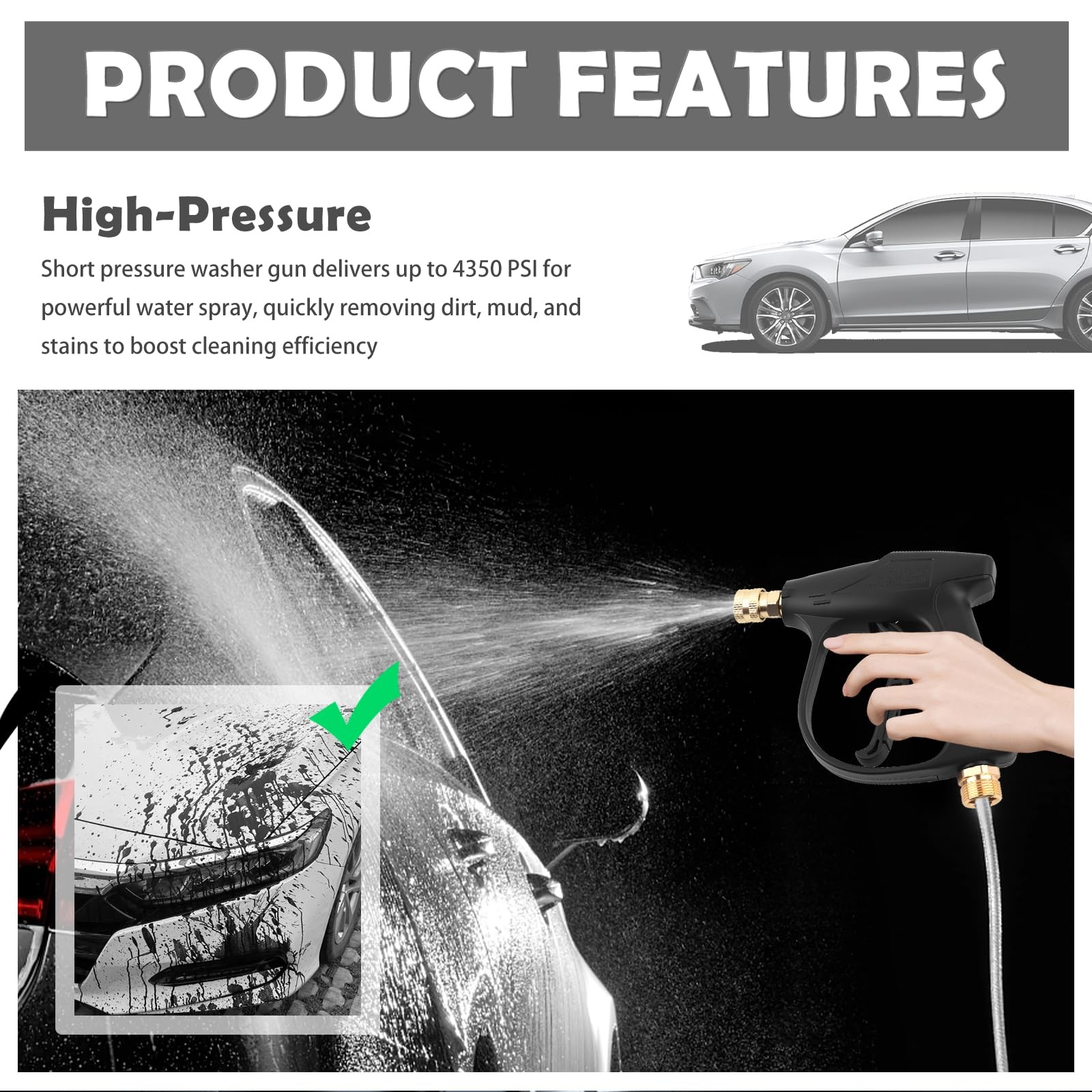 Car Short Pressure Washer Gun,4350 PSI Max 6.69×6.29×1.38 inch, Black
