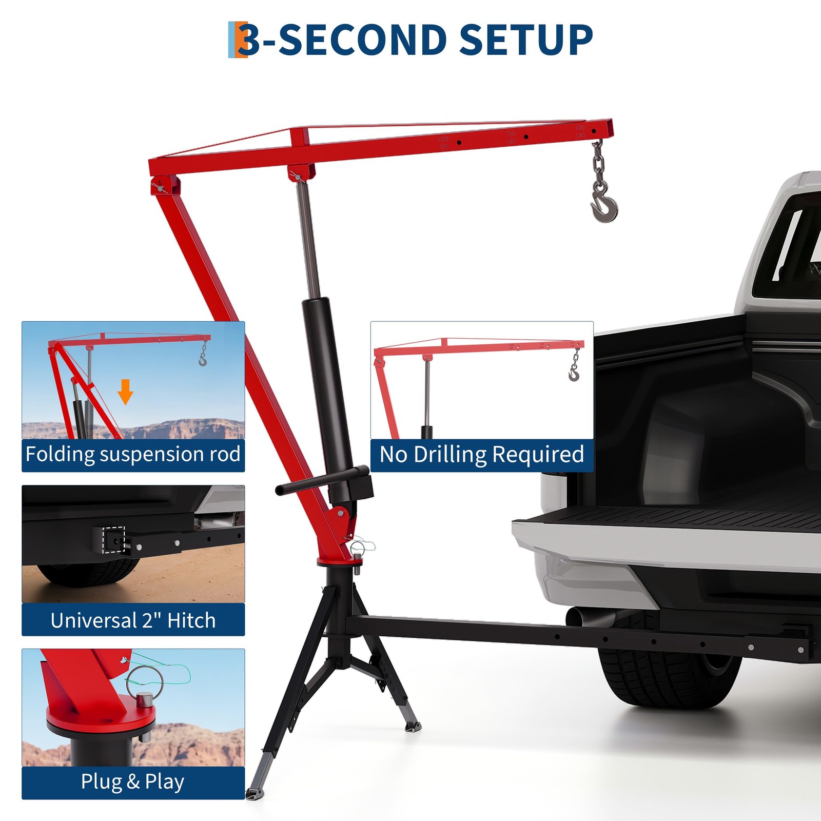 Hydraulic Pickup Truck Crane Hitch Mounted Crane 1000 lbs 360° Swivel Hoist Lift