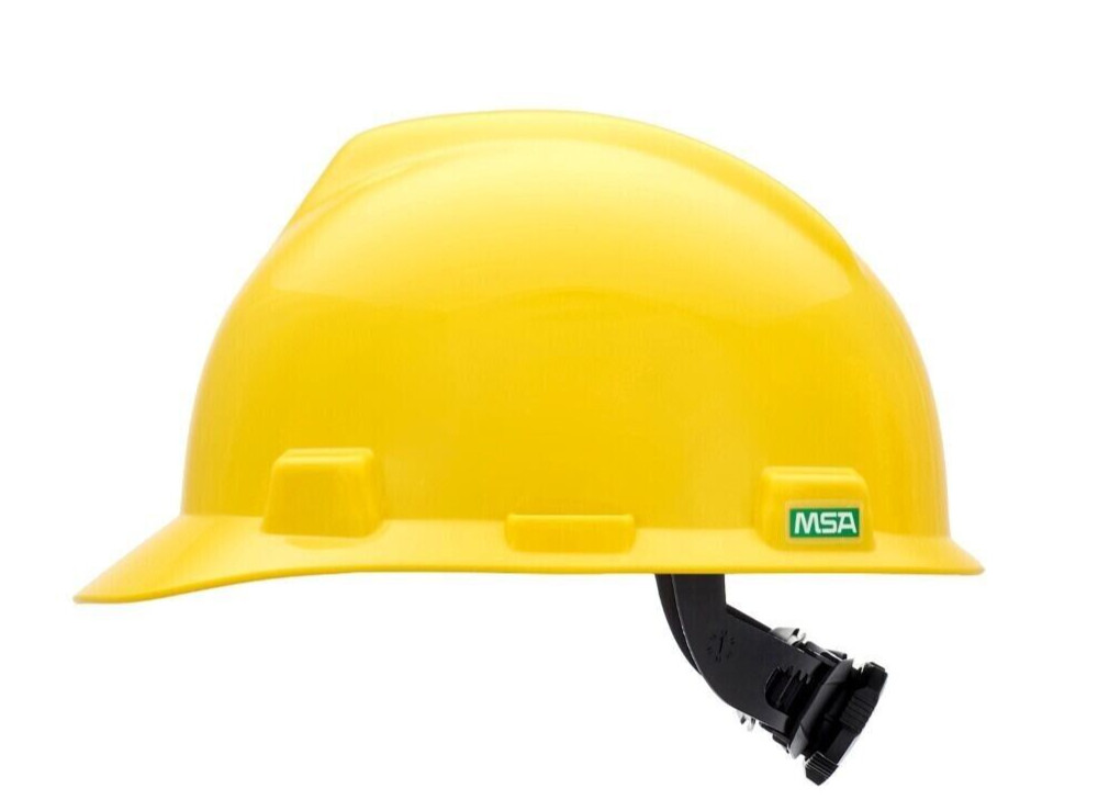 MSA YELLOW V Gard ANSI OSHA Construction Safety HARD HAT 4 PT Ratchet Suspension
