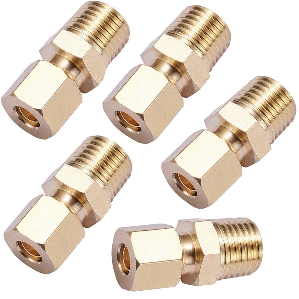 5 Pack Brass Compression Fittings – 1/4″ OD x 1/4″ NPT Male Couplers