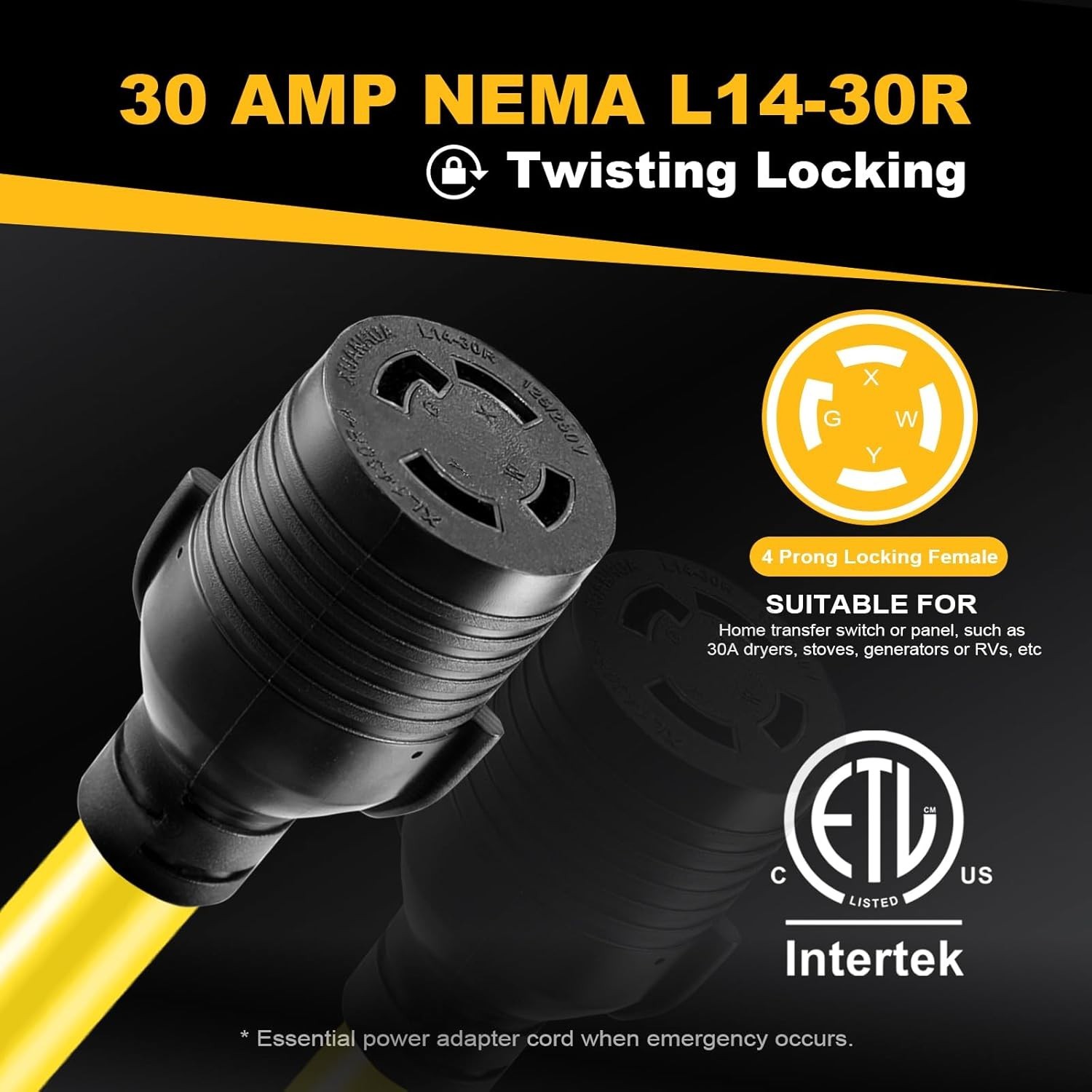 NEMA TT-30P to L14-30R Generator Adapter Cord, 30 Amp 3 Prong to 4 Prong Generat