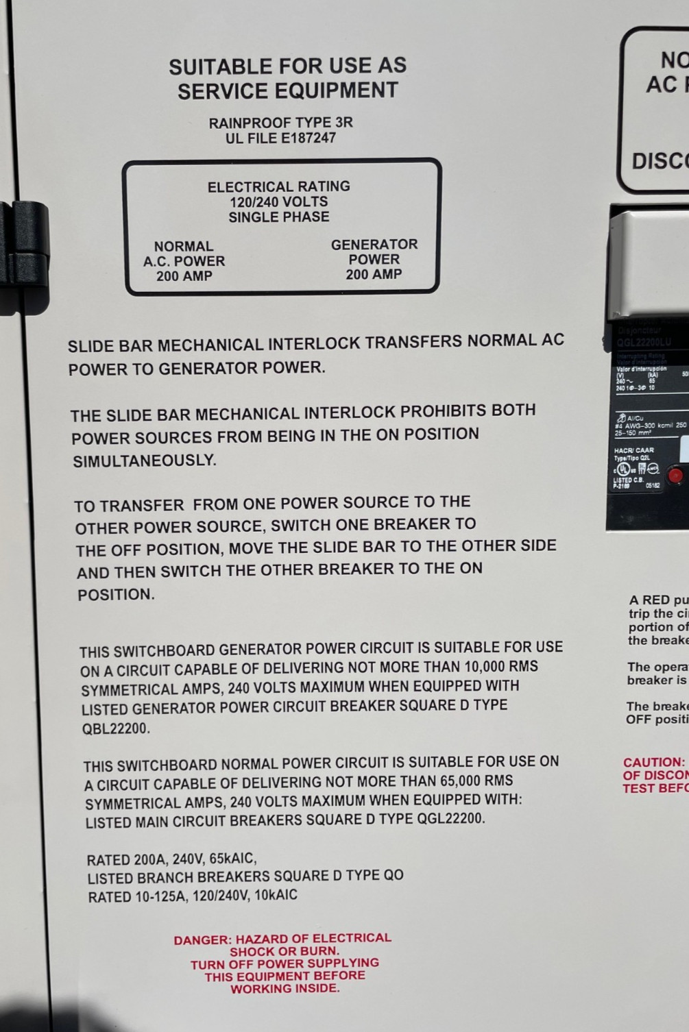 Manual 200 amp Generator transfer switch w/200 amp RS receptacle Square D Panel