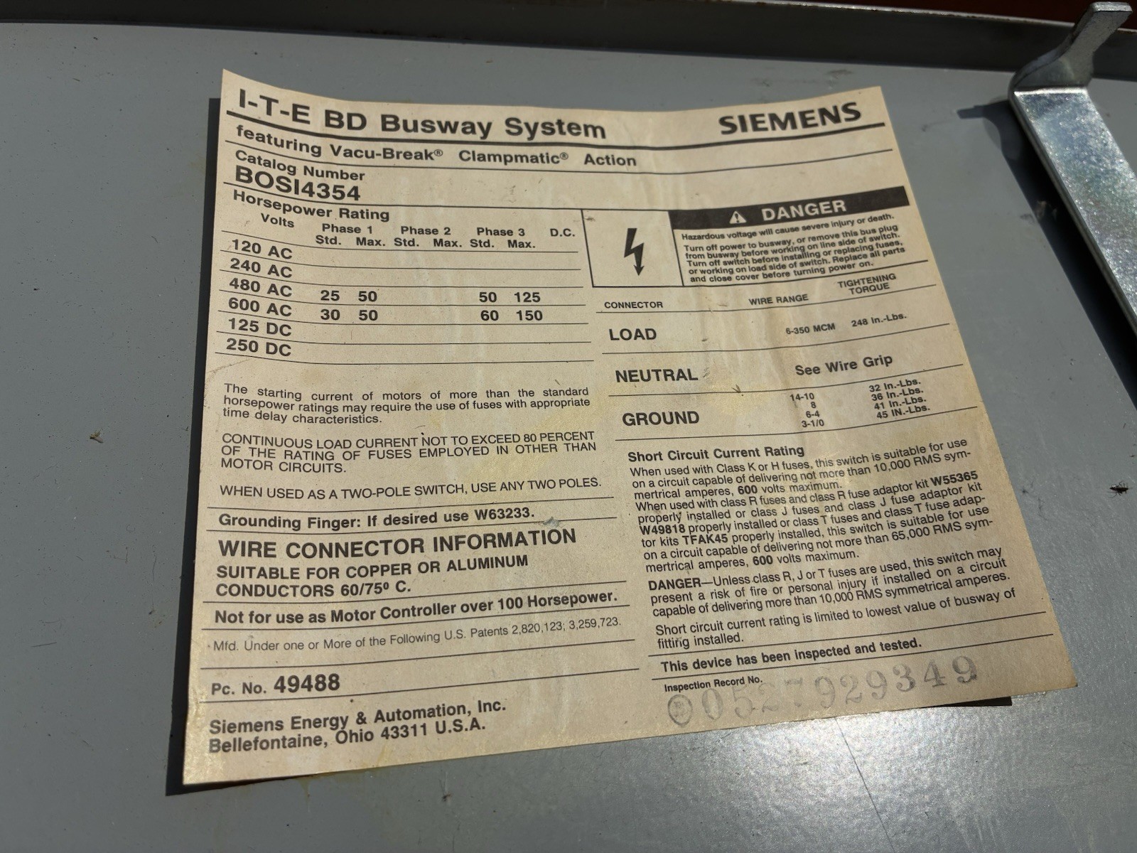 ITE SIEMENS 200 AMP 600 VOLT BUSS PLUG CAT# B0S 14354 – USED