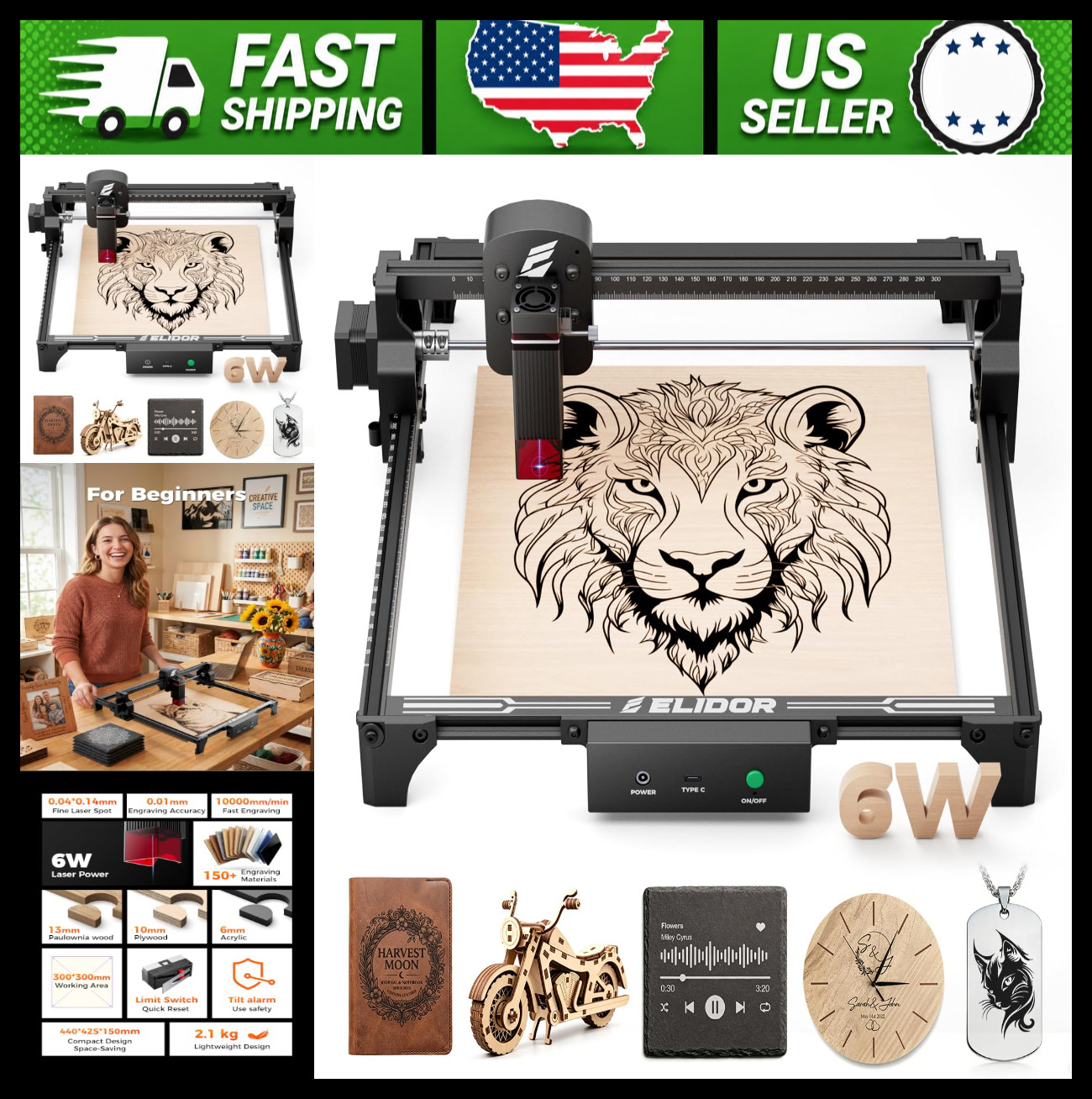 ELIDOR 6W Laser Engraver Cutter, 300x300mm, Wood Leather Acrylic DIY