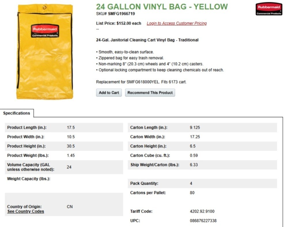RUBBERMAID SMFG1966719 24GL VINYL JANITORIAL CLEANING CART BAG, YELLOW