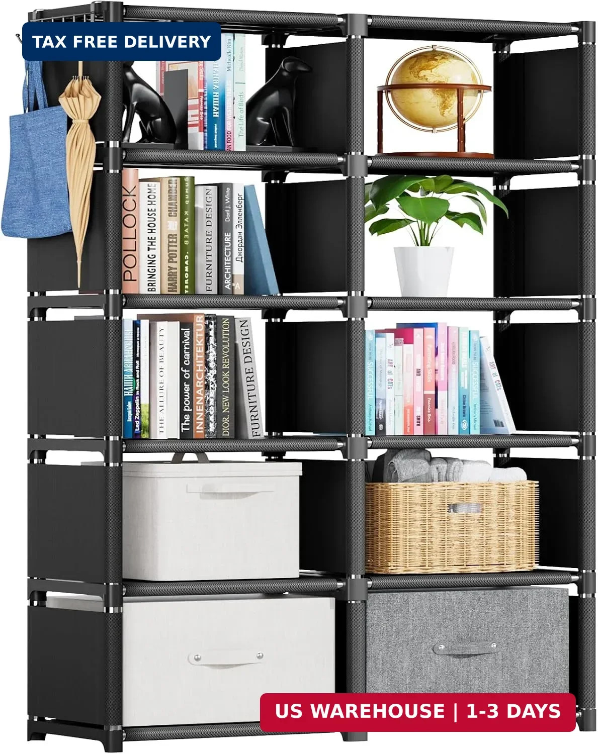 Bookcases: Black Cube Book Shelf, 10 Cube Tall Storage Organizer for Bedroom, Li