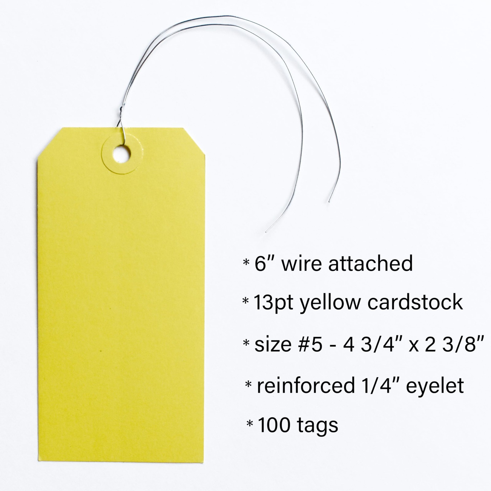 100 PCS 4.75 x 2.375 Yellow Pre-Wired Paper Tags, 5, Metal Twist Wire