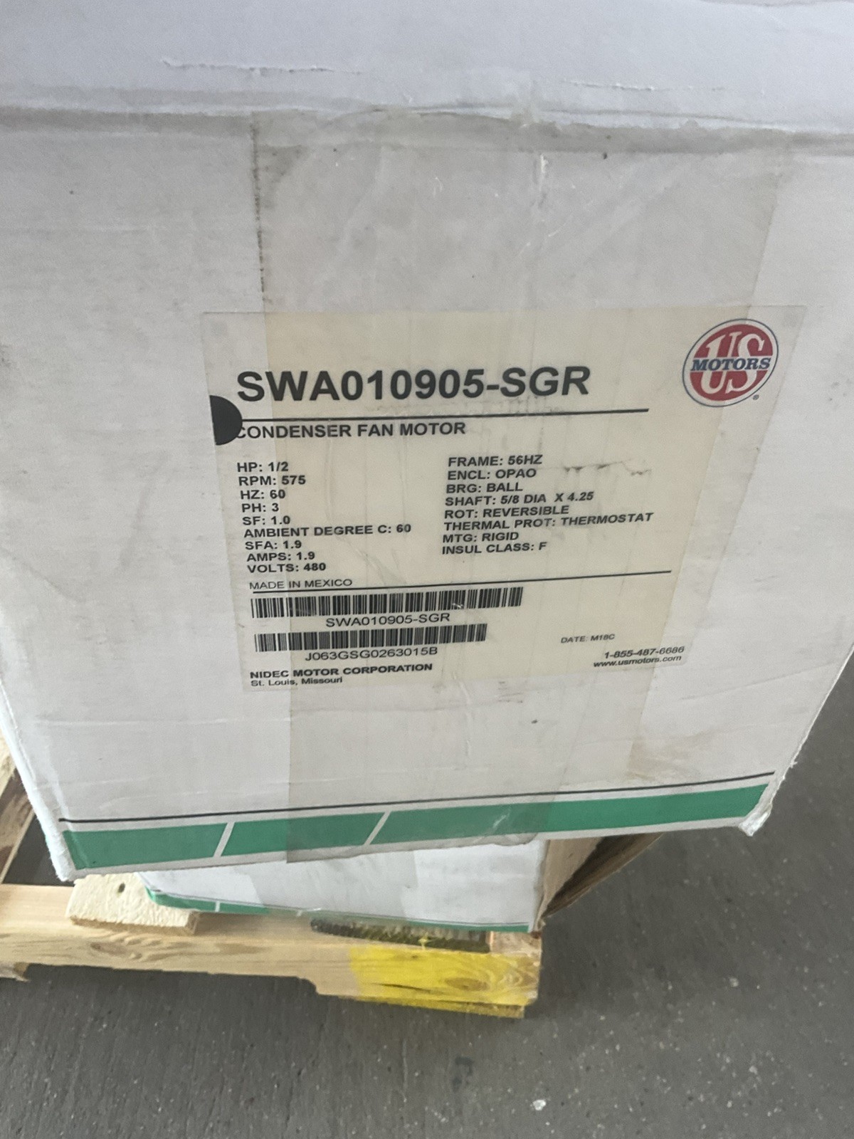 US MOTORS CONDENSER FAN MOTOR SWA010905-SGR 1/2HP 575RPM 1.9A 480V 3PH 1 Y W
