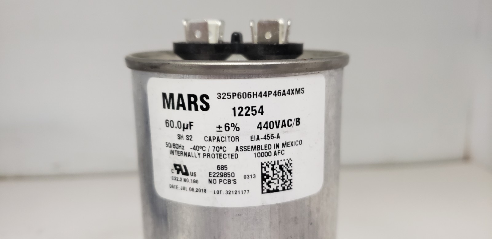 MARS 12254 CAPACITOR, 50 MFD ROUND, 60.0 uf, 440/370VAC, 50/60Hz, NIB