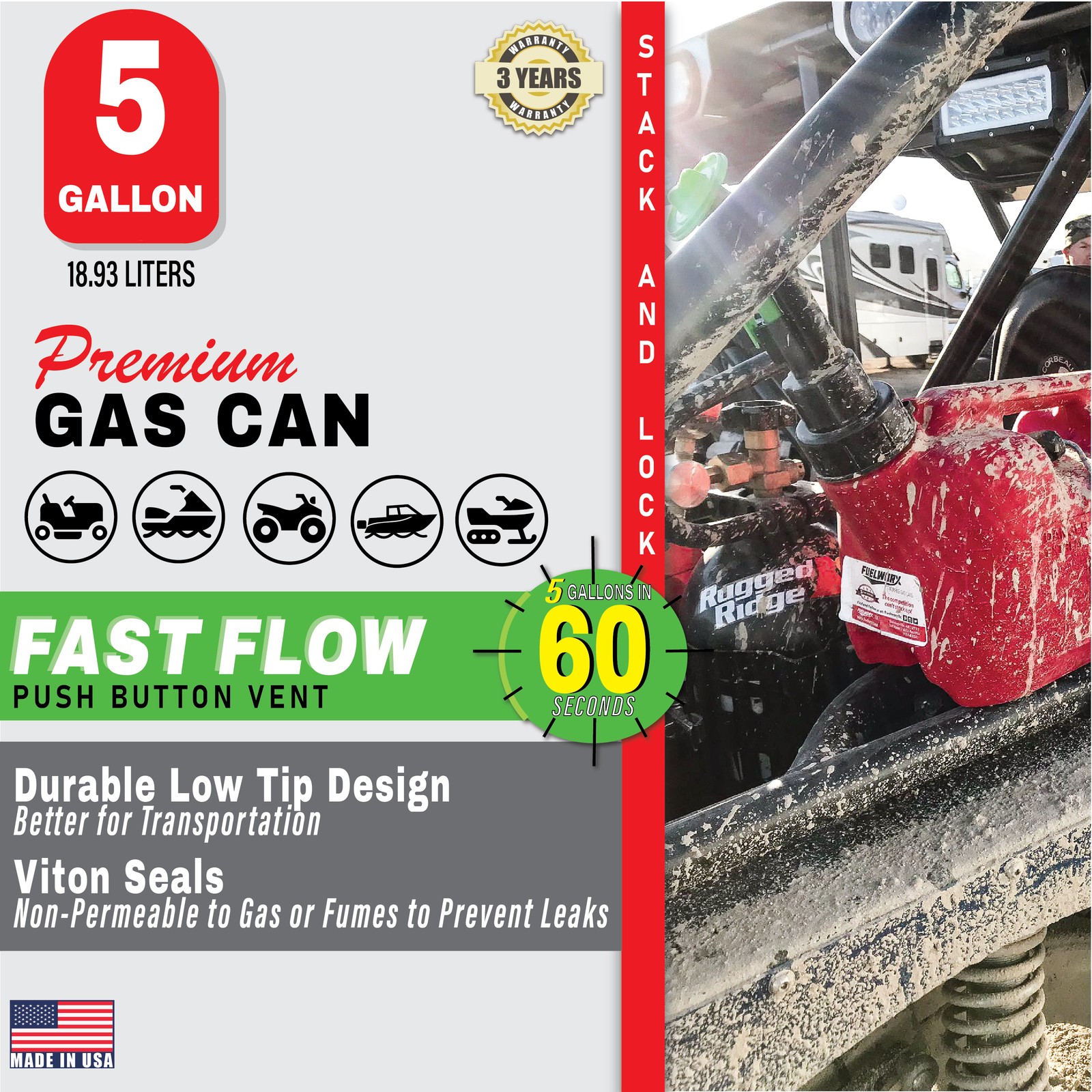 Fuelworx Red 5 Gallon Stackable Fast Pour Gas Fuel Can CARB Compliant 3-Pack