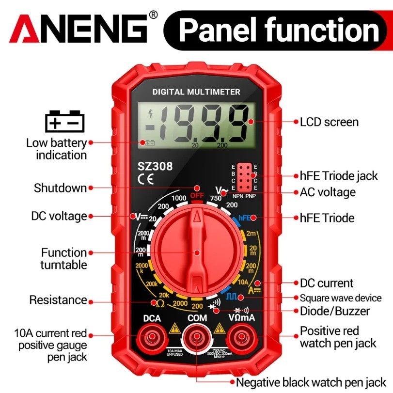 SZ308 Digital Multimeter AC/DC Current Meter Voltage Resistance Meter