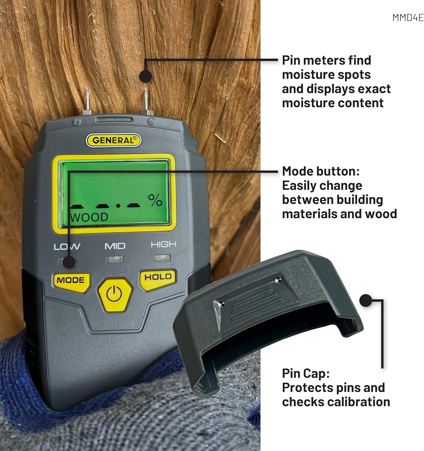Digital Moisture Meter, MMD4E, Pin Type, Backlit LCD, Gray, Water Leak Detector