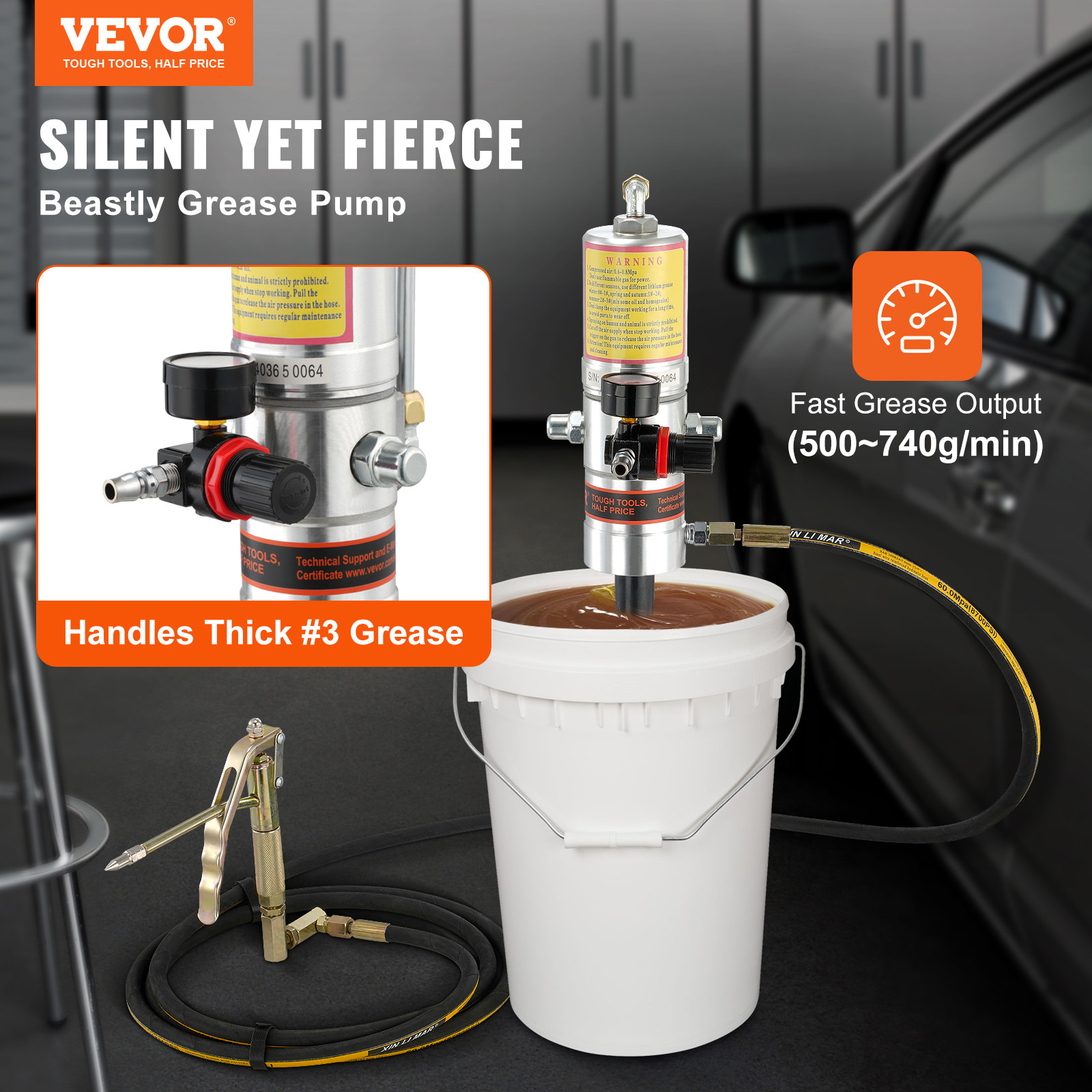 VEVOR Grease Pump Air Operated Grease Pump 0.6-0.8Mpa 13 ft Hose & Grease Gun