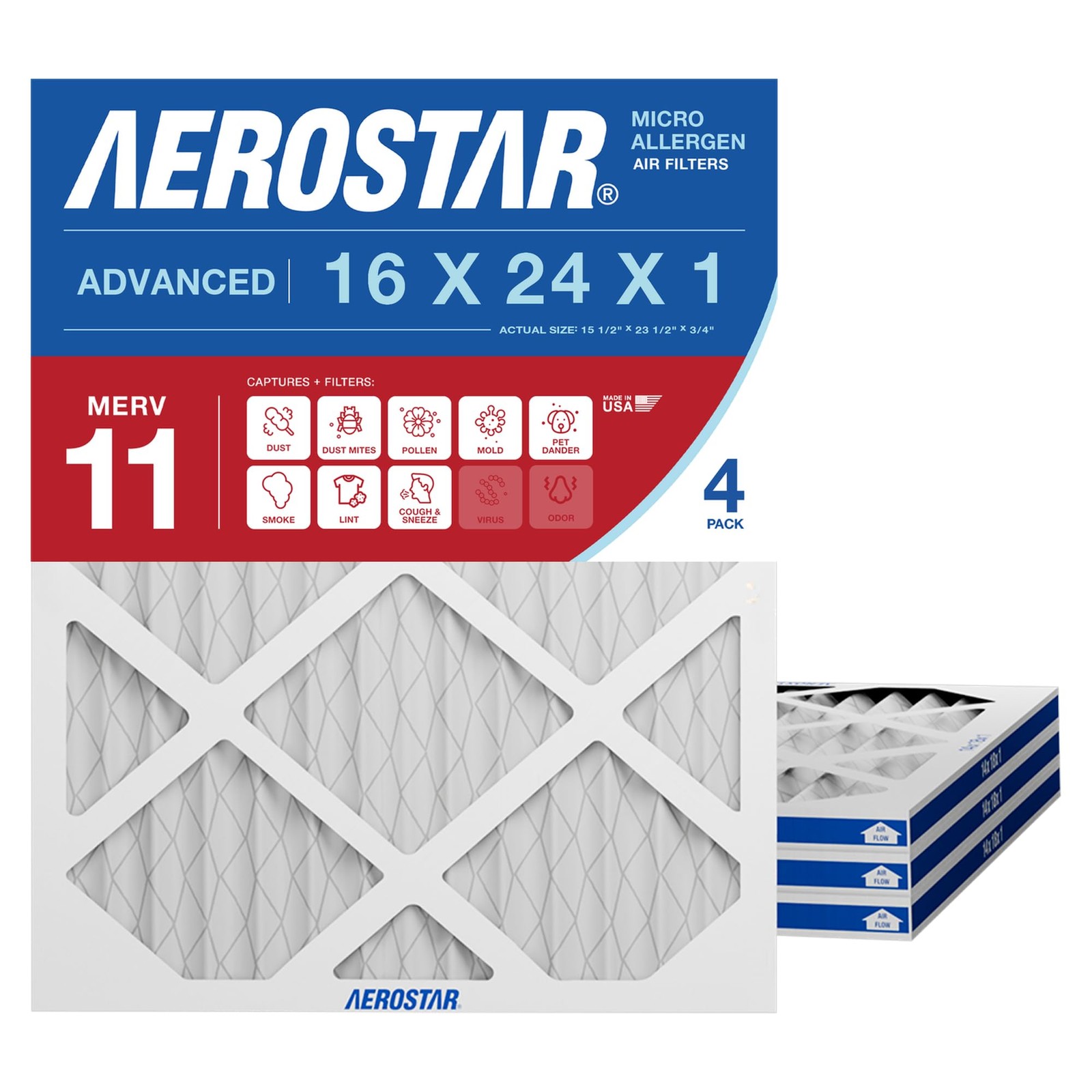 Aerostar 16x24x1 MERV 11 – 4 Count – Pleated HVAC, Furnace & 4 PACK, 11