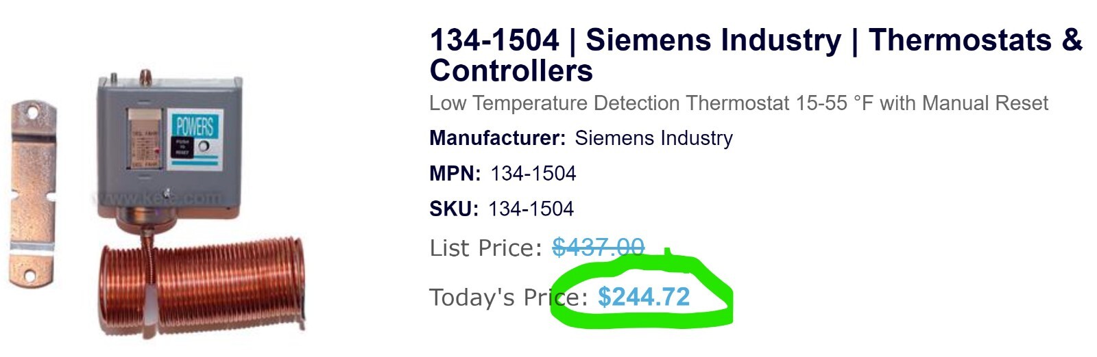 SIEMENS 134-1504 LOW TEMP CUTOUT T-STAT W/ MANUAL RESET MISSING PARTS [B5B3]