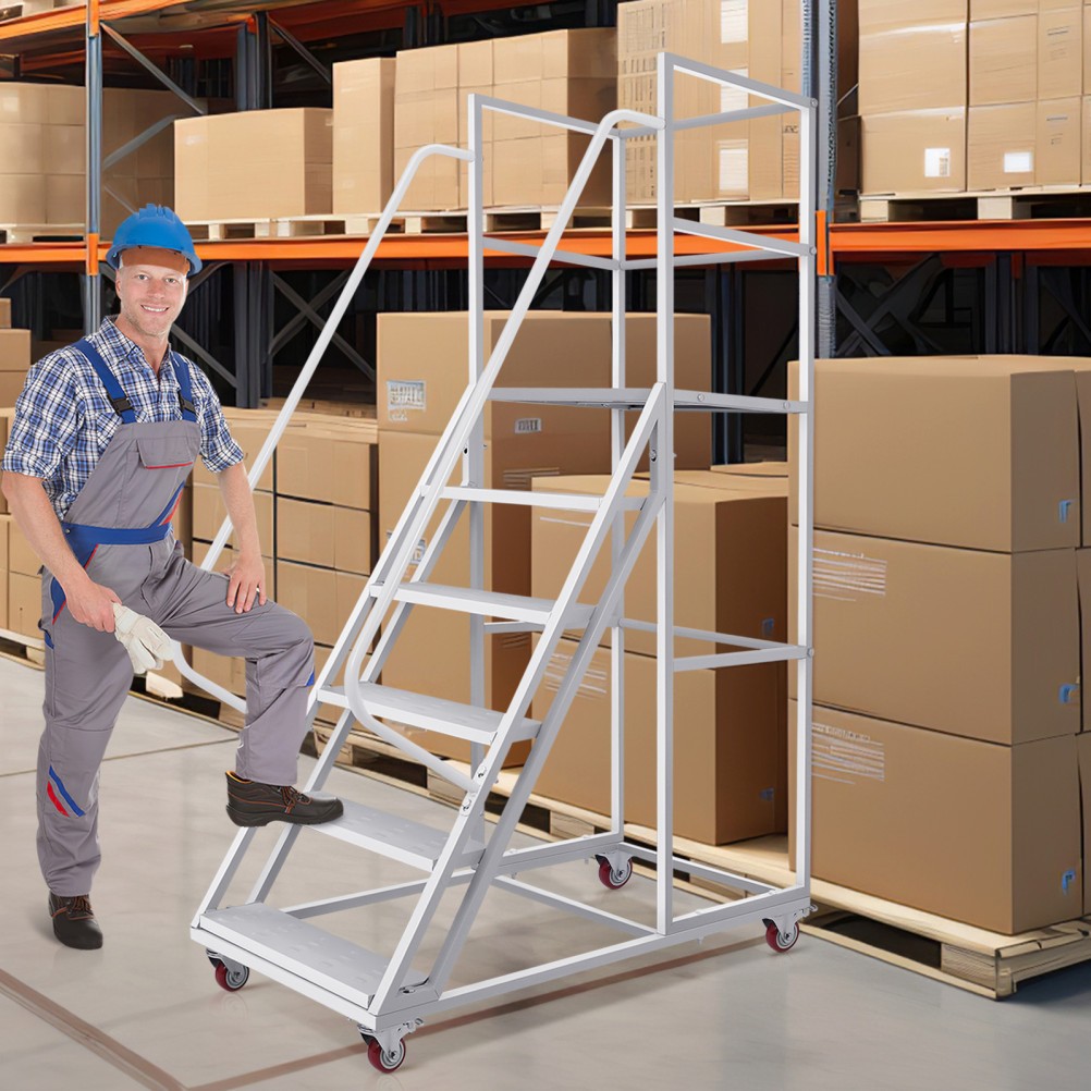 6 Step Rolling Warehouse Step Ladder, Movable Platform Ladder with Locking Wheel