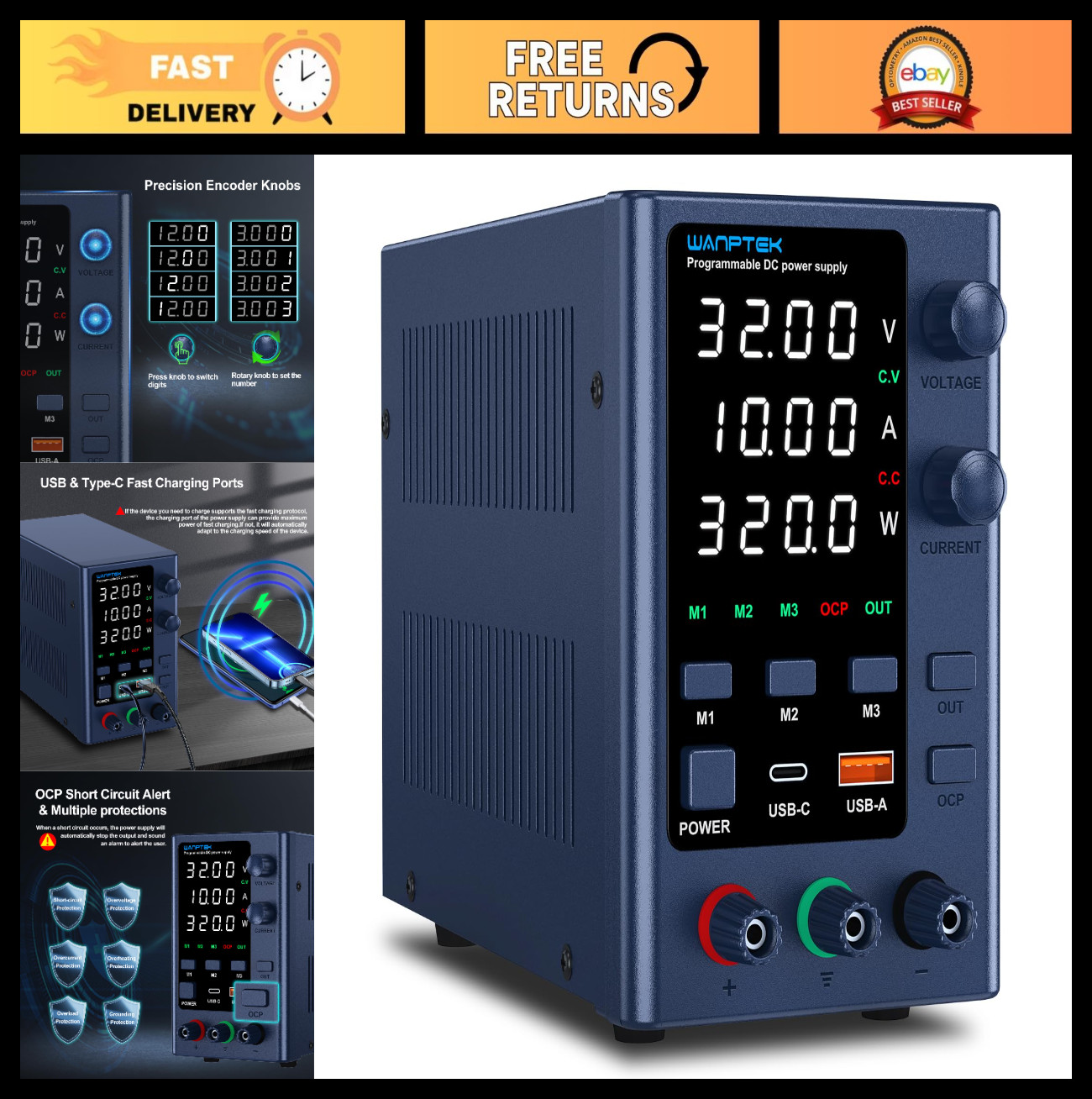 Adjustable DC Power Supply 0-32V 0-10A, Bench Power Supply with USB Fast Charge,