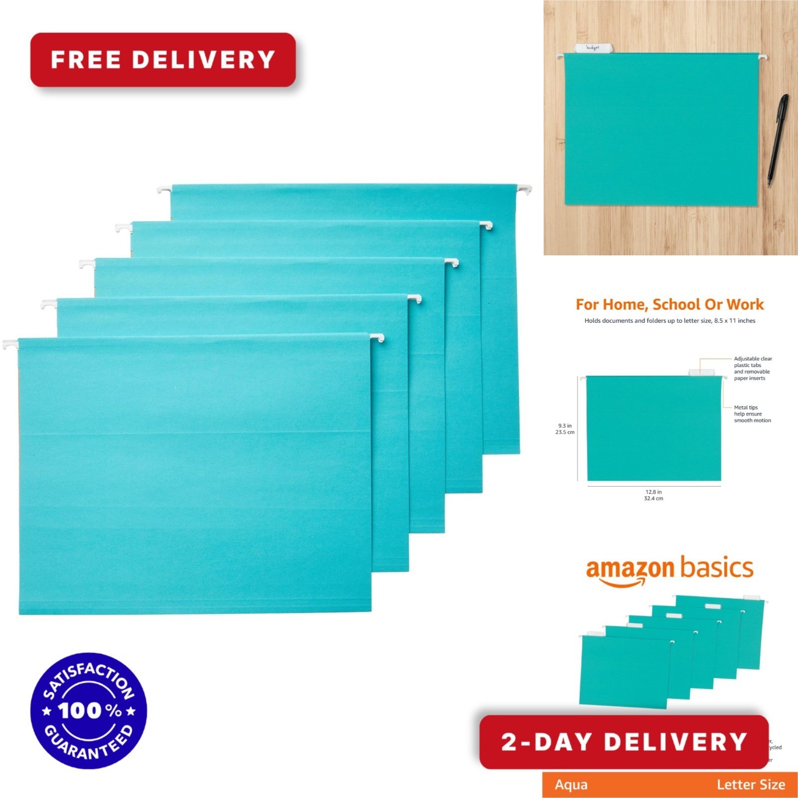 Amazon Basics Hanging File Folders Letter Size Aqua 25-Pack