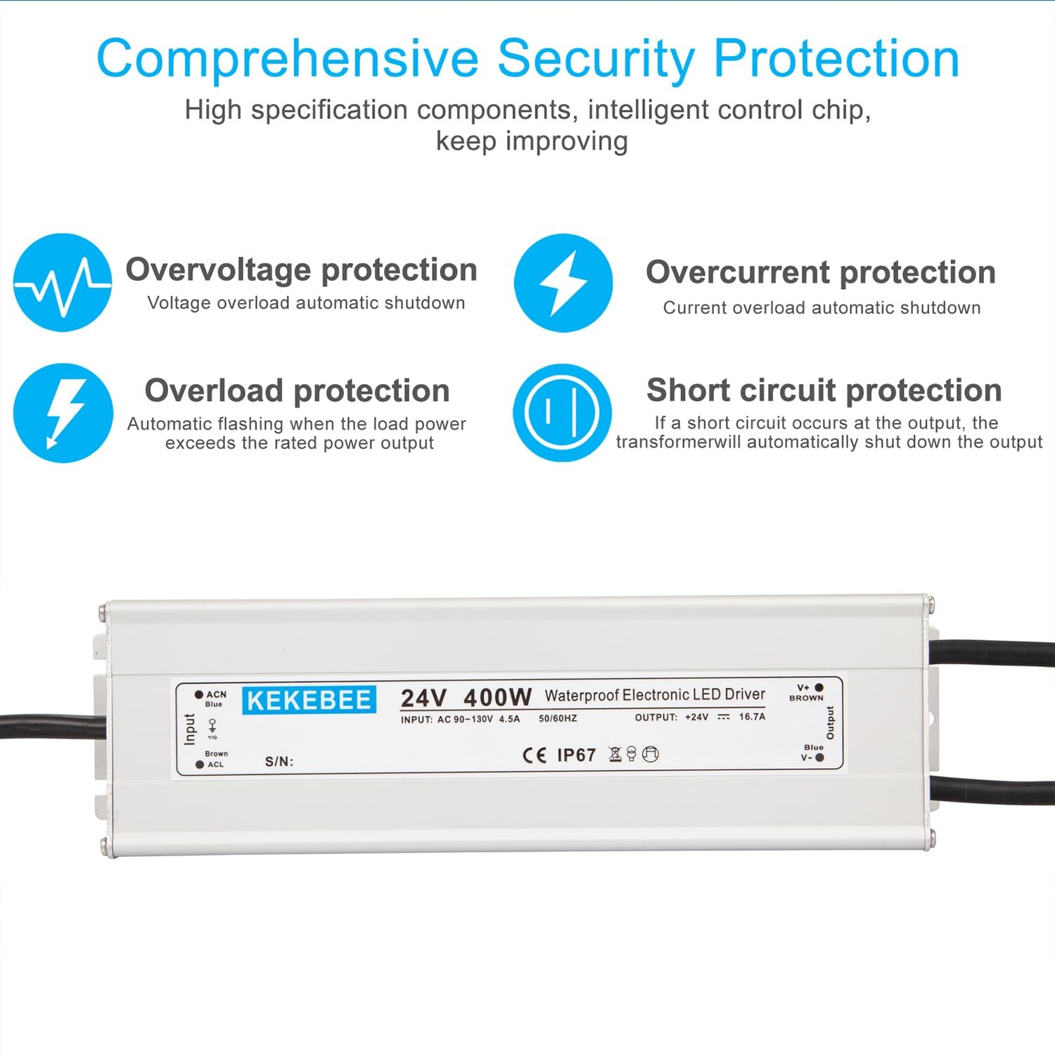 LED Driver 24V400W Waterproof Power Supply AC90-130V to DC24V16.7A Low…