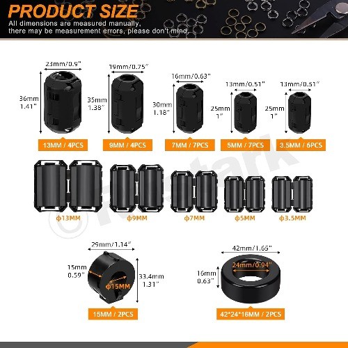 32 Pieces 7 Sizes Black Ferrite Ring Core Toroid RFI EMI N Size: 7 Sizes Black