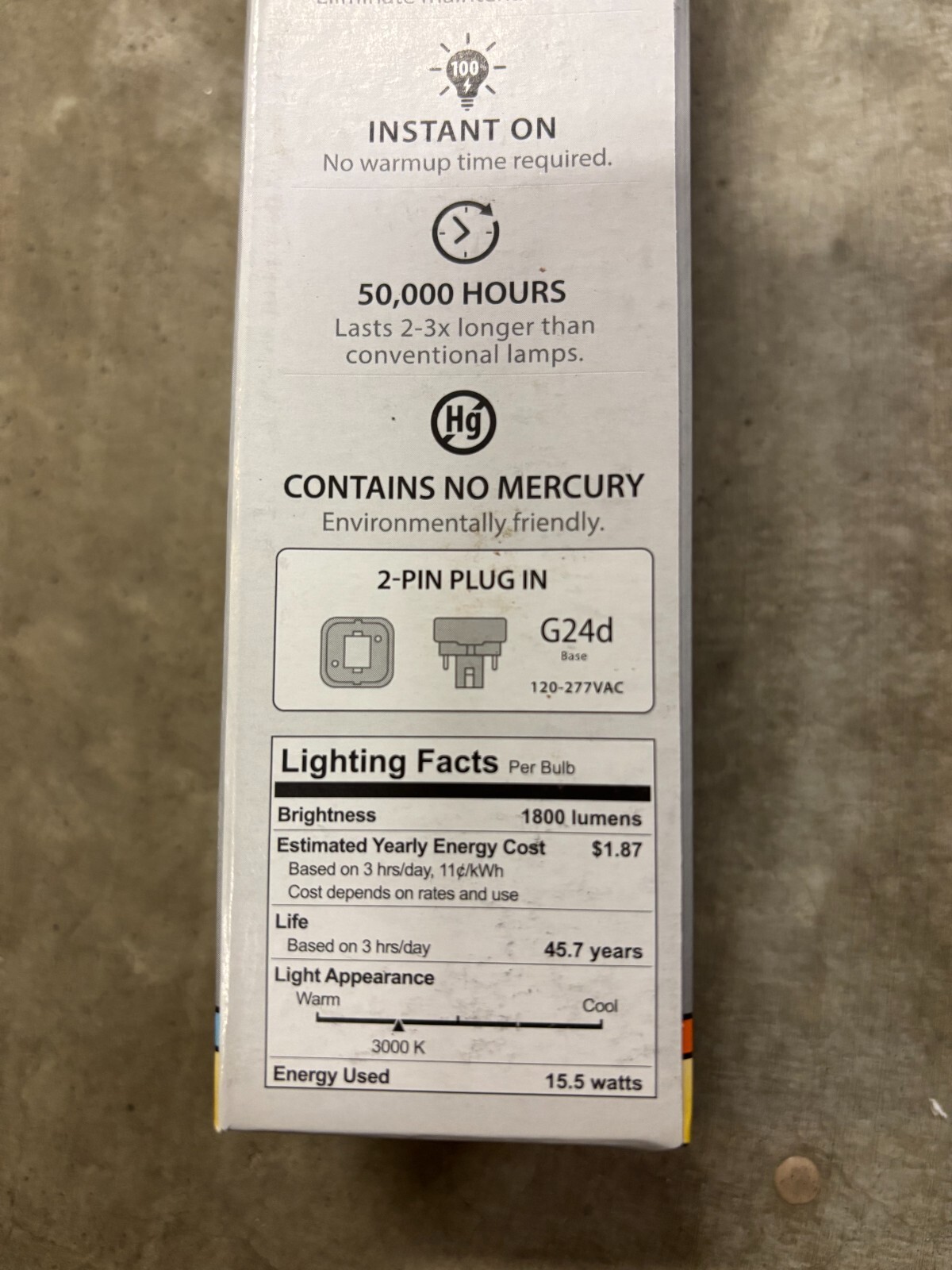 NEW IN BOX RAB PLT-15.5-H-830-BYP 15.5W 3000K LED LAMP 42W CFL REPLACEMENT G24d