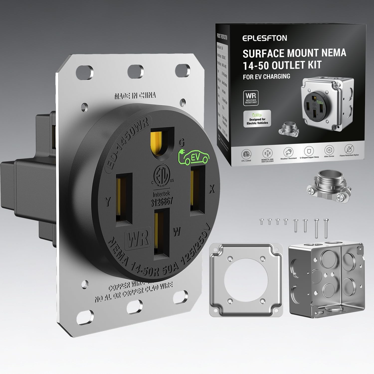 Nema 14-50 EV Outlet with Surface Mount Box Kit, Weather Resistant 50 amp EV …