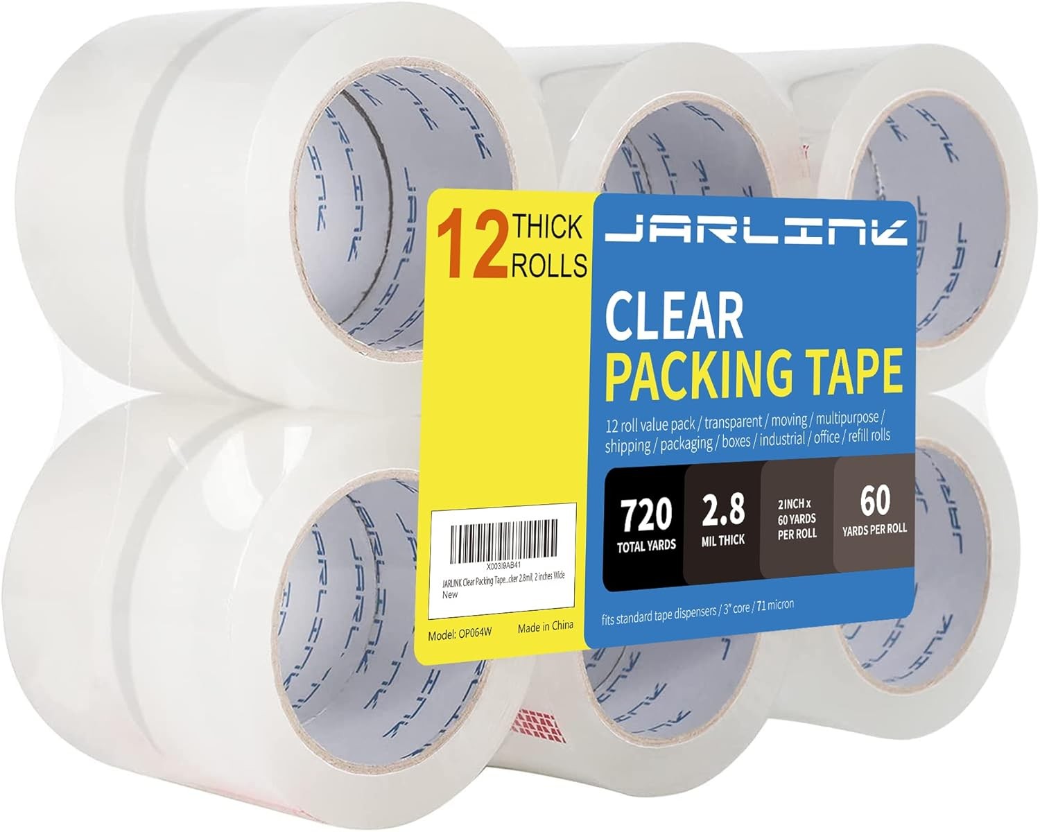 JARLINK Clear Packing Tape (12 Rolls), Heavy Duty Packaging Tape for Shipping Pa