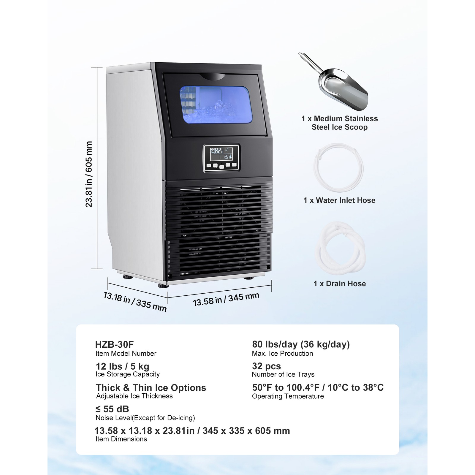 Uimoso Commercial Ice Maker 80lbs/24h with 12Lbs Storage for Bar and Restaurant