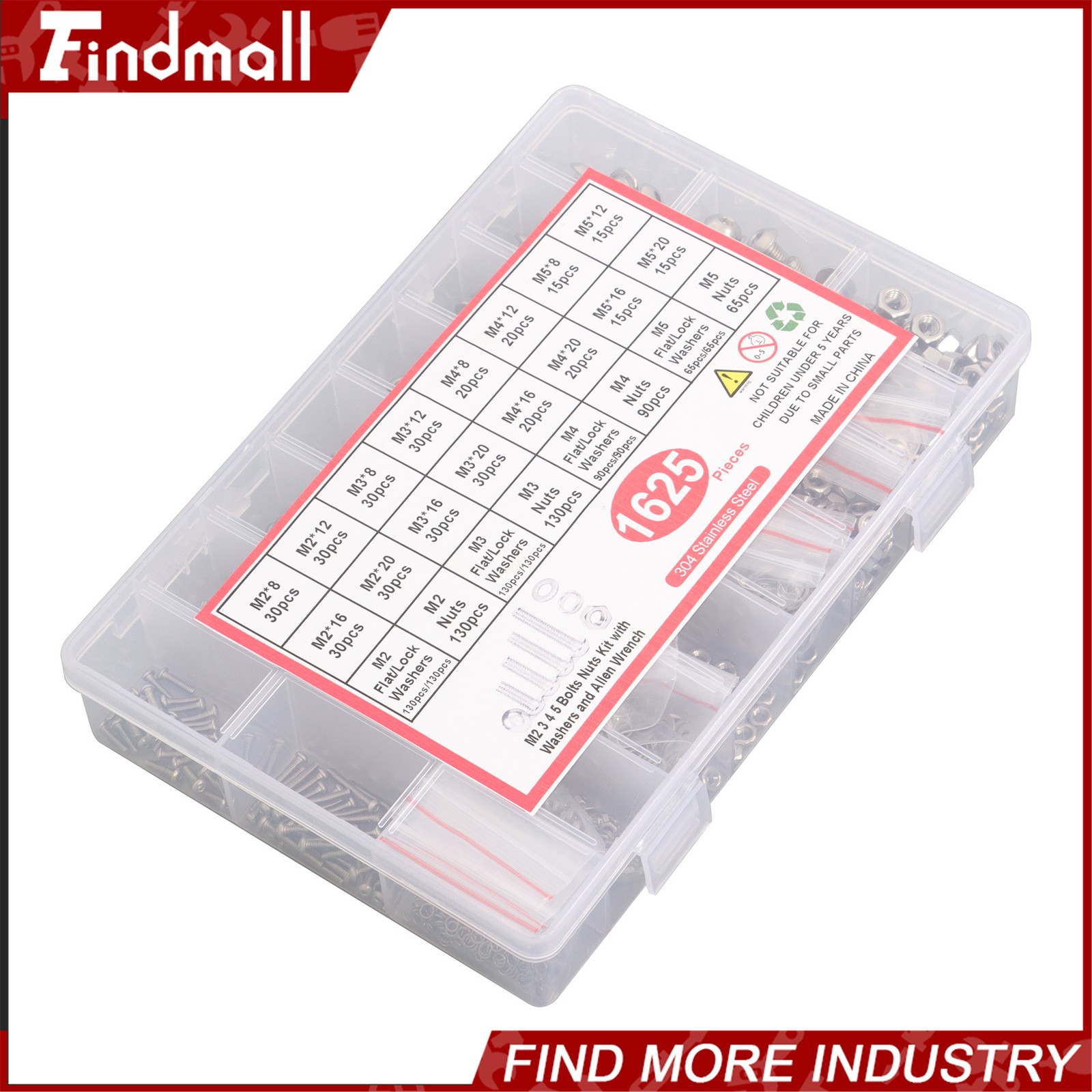 1625Pcs M2 M3 M4 M5 Metric Screw Assortment,304 Stainless Steel Bolts and Nuts