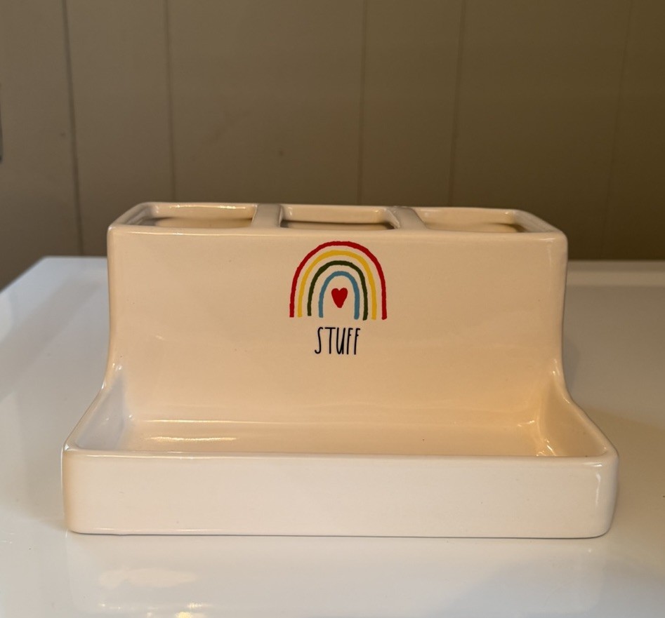 Rae Dunn *STUFF* White Ceramic Organizer, Stationary Or Makeup Brushes, 8.25”