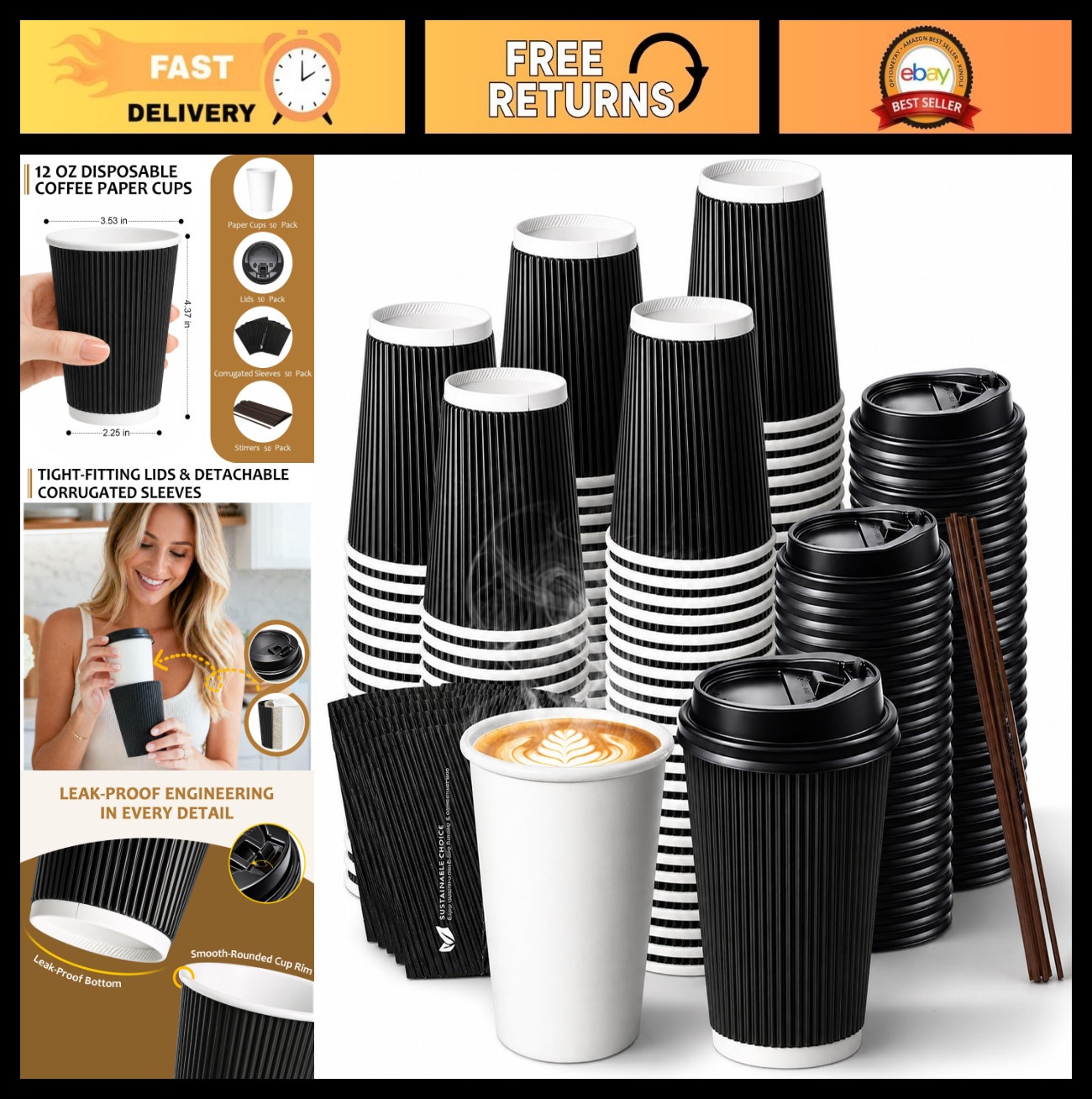 50 Pack Insulated Disposable Coffee Cups with Lids & Straws, Hot/Cold To Go Cups