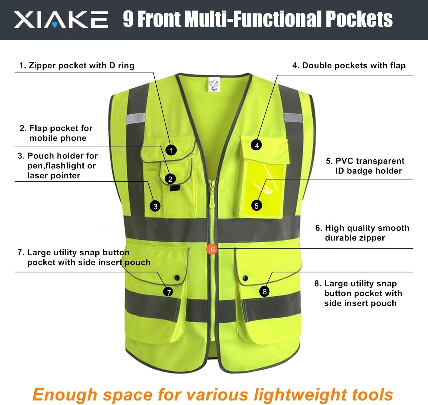 9 Pocket High Visibility Reflective Safety Vest – ANSI Class 2 for Men & Women