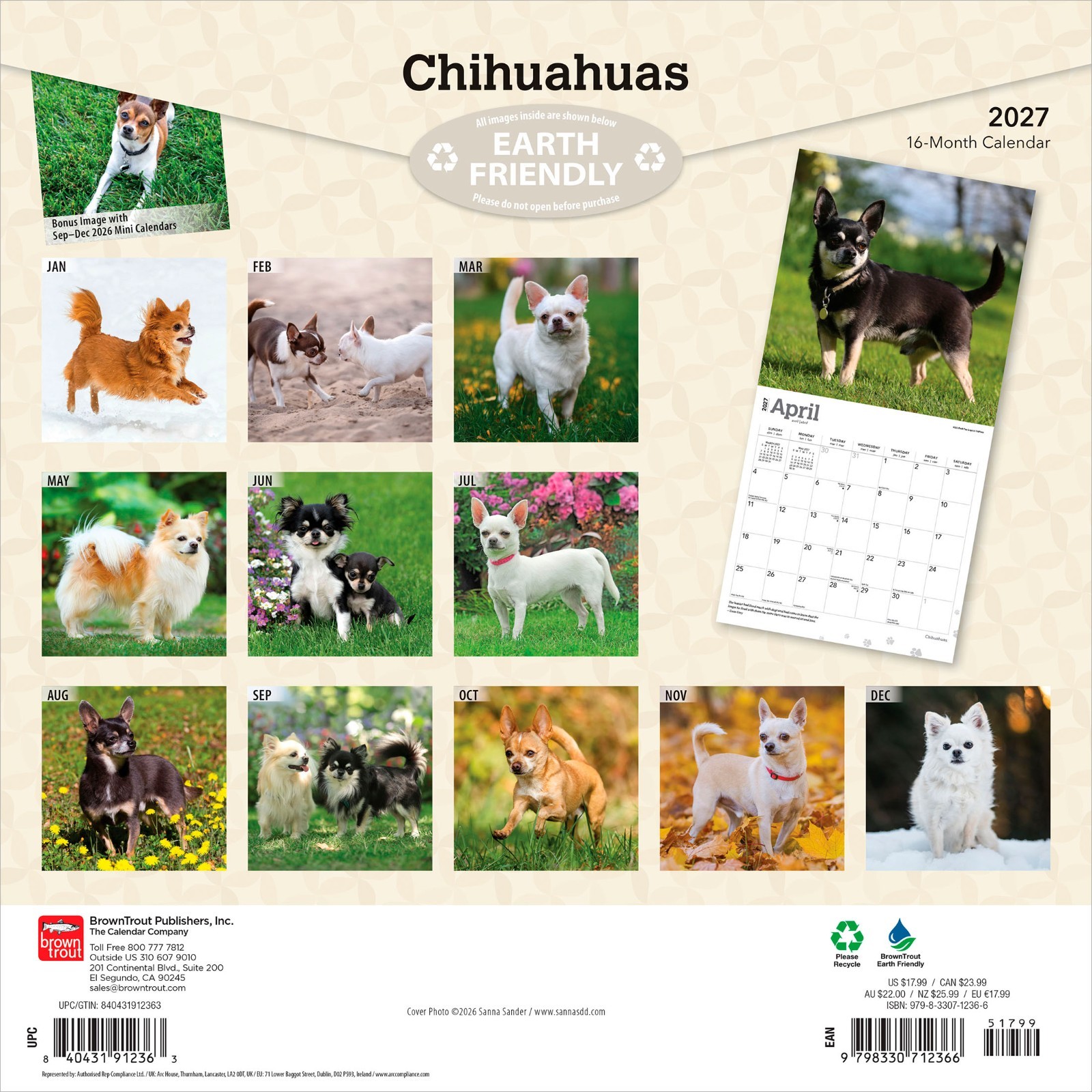 Chihuahuas | 2027 12×24″ (Hanging) Monthly Wall Calendar | Plastic-Free