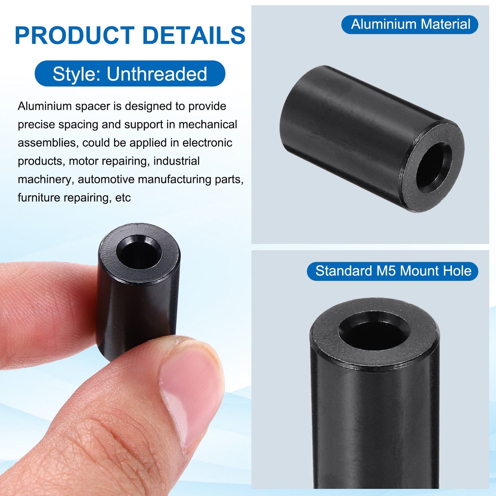 Pack of 4 Aluminium Spacer M5 3/16″ ID x 1/2″ OD x 3/4″ L