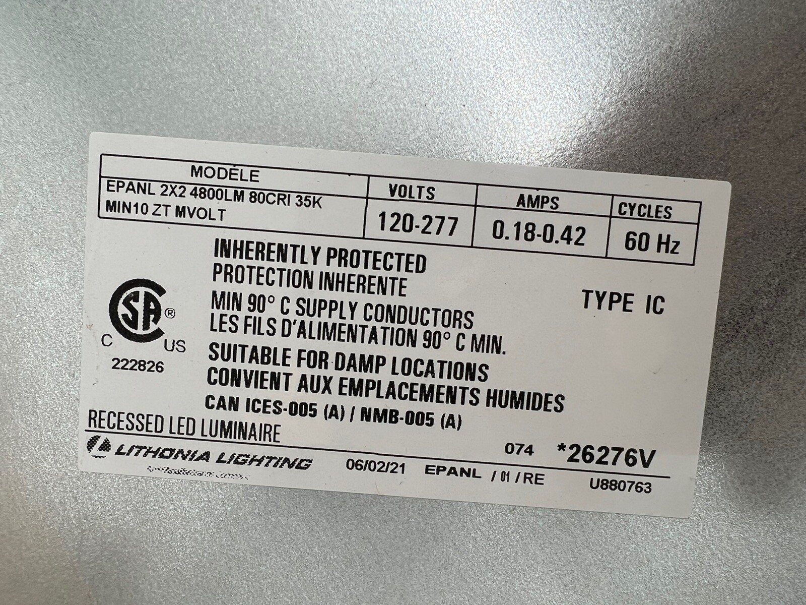 Lithonia EPANL 2X2 4800LM 80CRI 35K MIN 10 ZT MVOLT, 120-277V, Dims to 10%