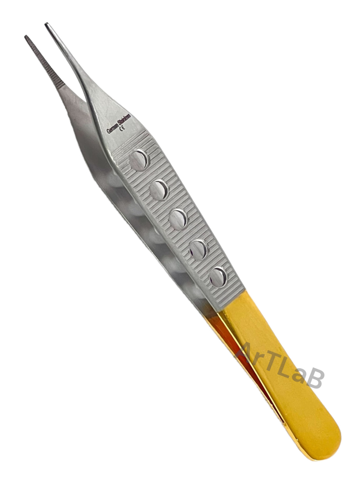 Fine Serrated Tip Adson Dressing Forceps 4.75″ w/ Gold Perforated Handle, STR