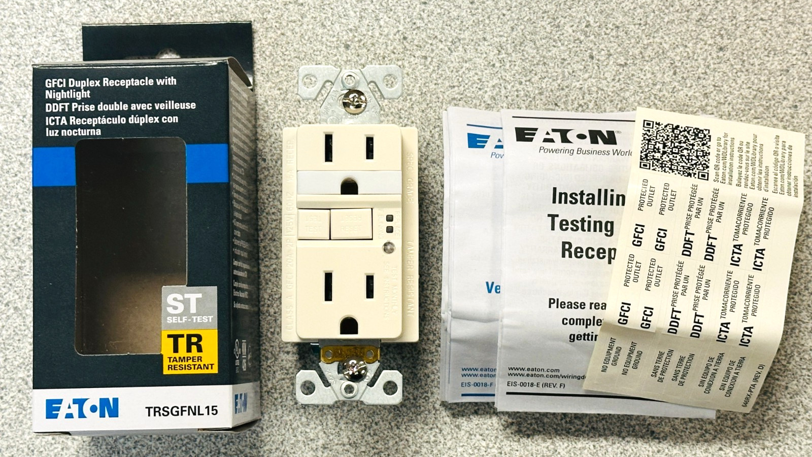 NEW Eaton TRSGFNL15LA GFCI Duplex Receptacle w Night Light 15A 125V TR Lt Almond
